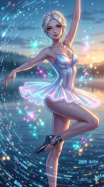 score_9, masterpiece, best quality, ultra-detailed, Set A: High-budget Anime Keyframe, Caucasian (strictly human ears) woman. Upper body close-up from the thighs up, character filling the screen for maximum presence. Dancing through a misty lakeside 