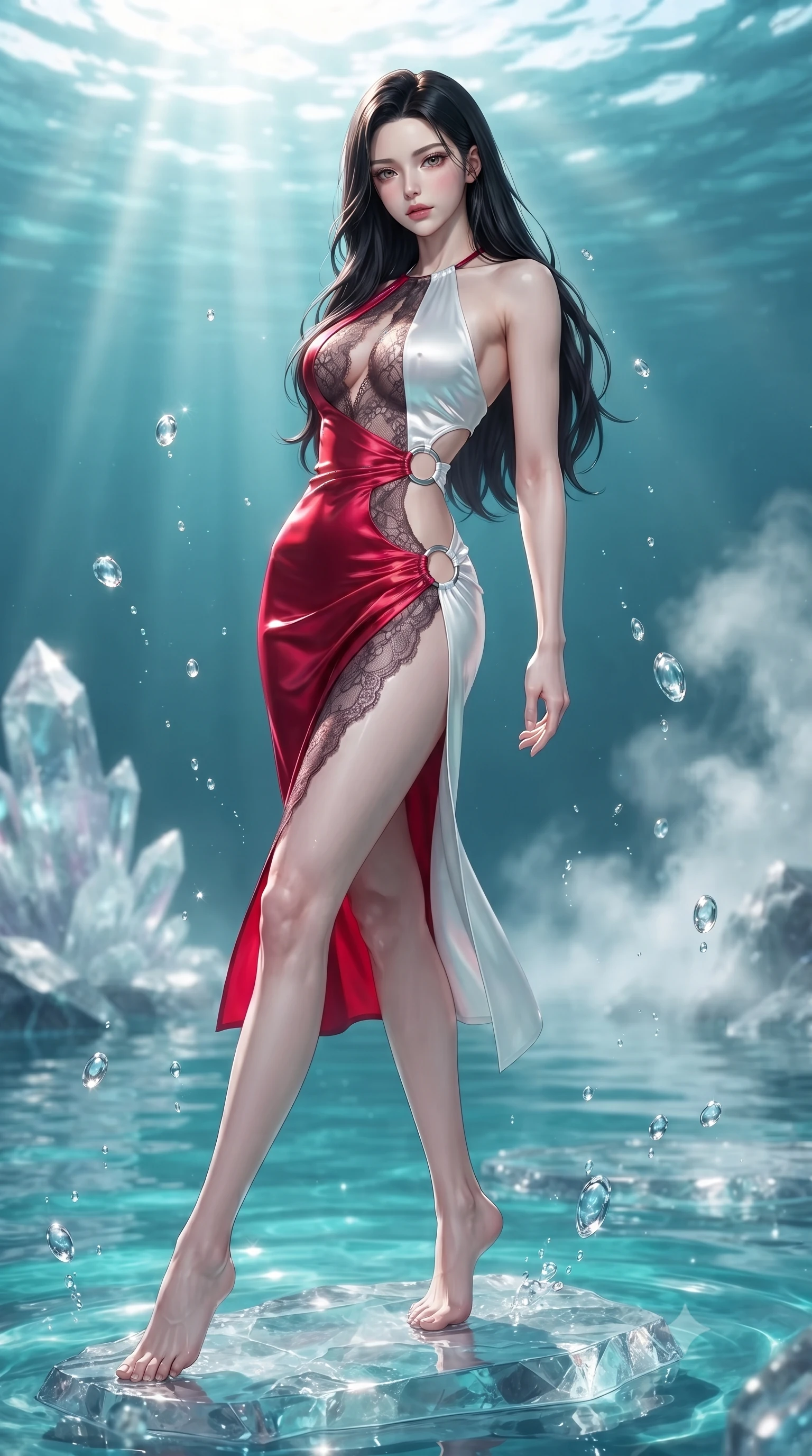 score_9, masterpiece, best quality, ultra-detailed, high-budget anime keyframe, editorial fashion photography, tasteful artistic composition, Korean woman. low angle full-body shot from head to toe showing her feet, filling the entire 9:16 vertical frame with her statuesque presence, stretching her vertical silhouette. arching her back in a fluid zero-gravity turn with sovereign grace, her long slender legs and sculpted torso creating a sweeping line while pivoting dynamically on a submerged crystal stepping stone as sunbeams penetrate the turquoise pool. The composition keeps background elements in soft focus with creamy bokeh. rising water mist and crystalline rock formations softened by luminous shallow depth of field. She has an absolutely perfect, statuesque 8.5-heads proportion, an exceptionally tall and slender model-like female figure with impossibly long slender legs, a toned flat midriff, and an ultra-slim waist. sharp v-shaped jawline, high-bridge nose, intricate jewel-like eyes with depth, thick eyelashes, glossy lips with a natural sheen, flawlessly proportioned anatomical accuracy, strict slender model proportions, natural body alignment, perfectly sculpted long slender limbs, ultra-slim waistline, clean dynamic posture without body distortion. wearing a velvet halter-neck midi dress fitting her statuesque contour flawlessly with a Tasteful chest slit and open spine in radiant crimson silk and crisp snow white, crafted from delicate dark lace interwoven with luminescent micro-fibers, detailed with polished silver rings connecting the daring side-waist cutouts, the sleek second-skin cut tightly hugging her graceful clavicle, narrow waist, and feminine curves with athletic precision. illuminated by sparkling water droplet refractions and crisp white key lighting. ultra-reflective glossy finish, specular highlights, metallic sheen, high-contrast stereoscopic depth, volumetric dynamic lighting, 2k, ultra detail, master piece, 9:16 ratio