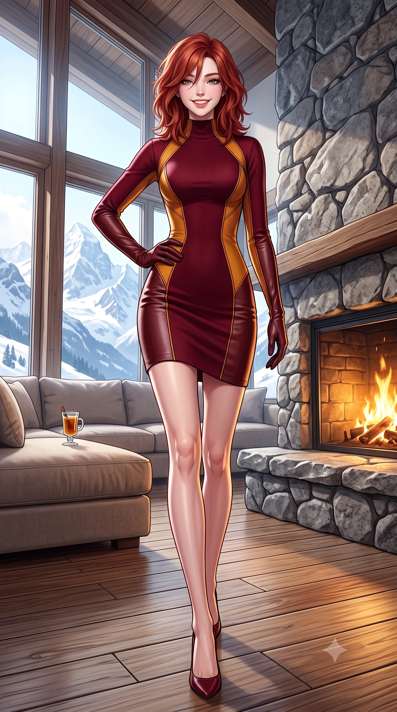 score_9, masterpiece, best quality, ultra-detailed, high-budget anime keyframe, semi-realistic 3D game render, editorial fashion photography, tasteful artistic composition, Korean woman. low angle full-body shot from head to toe showing her feet, filling the entire 9:16 vertical frame with her statuesque presence, stretching her vertical silhouette. walking briskly with tall supermodel strides, one hand placed on her narrow hip, her impossibly long slender legs commanding the frame while sitting gracefully on an oversized cashmere-upholstered banquette near the stone hearth, holding a glass of spiced cider with cozy luxury charm. The surrounding environment is rendered in vivid detail and crisp panoramic clarity: sharp natural cleavage lines in rough-hewn granite fireplace, triple-glazed insulated window seals, and wide fir timber plank grain in deep focus. She has an exceptionally tall and slender model-like 8.5-heads proportion, an ultra-slim waist, a flat toned midriff, narrow delicate ribcage, and beautifully sculpted feminine hips creating a graceful, slim hourglass silhouette without any bulky heaviness, with impossibly long slender legs. sharp v-shaped jawline, high-bridge nose, intricate jewel-like sparkling eyes with depth, thick eyelashes, glossy parted lips with a natural peach sheen, bright cheerful beaming smile with an enchanting and coquettish sensual glint, exuding both youthful cute charm and seductive allure, flawlessly proportioned anatomical accuracy, strict slender model proportions, natural body alignment, perfectly sculpted long slender limbs, ultra-slim waistline, clean dynamic posture without body distortion. wearing a sculpted double-faced wool knit dress with sleek architectural seam lines accentuating her flat midriff and feminine hips in rich Oxford burgundy and golden amber, crafted from buttery-soft stretch lambskin leather adhering to her body like a second skin, complemented by buttery leather opera gloves tracing her slender arms with sleek polish, the liquid-tight tailored fabric clinging flawlessly to her narrow waist and rounded feminine hips, emphasizing every millimeter of her sculpted slim hourglass curves without any bulky heaviness. bathed in the dramatic high-altitude Swiss mountain sunlight streaming through panoramic windows mixed with golden hearth firelight. highly saturated vibrant anime colors, detailed shading with soft gradients, rich glossy textures, high-contrast stereoscopic depth, volumetric dynamic lighting, master piece, 9:16 ratio
