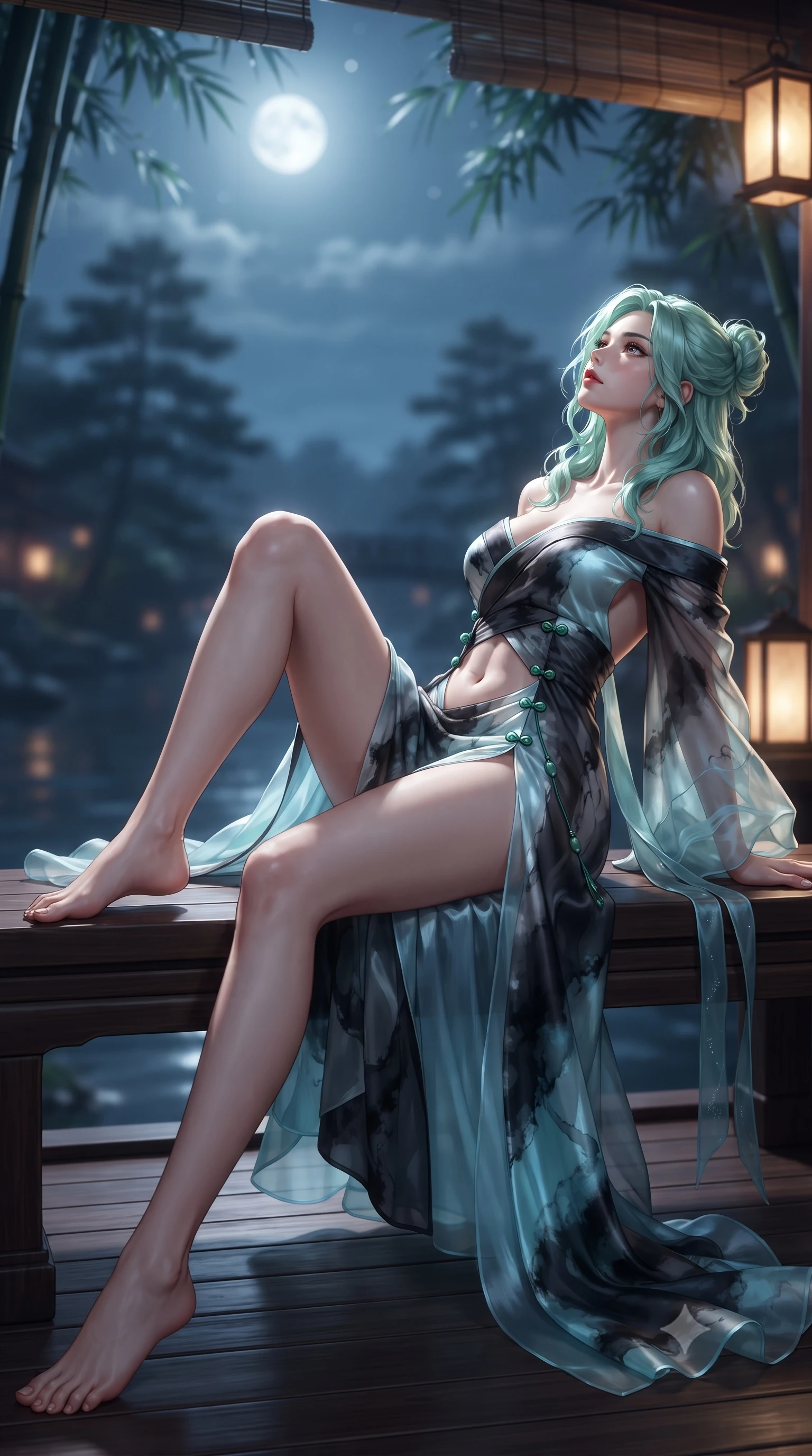 score_9, masterpiece, best quality, ultra-detailed, high-budget anime keyframe, editorial fashion photography, tasteful artistic composition, Japanese woman. low angle full-body shot from head to toe showing her feet, filling the entire 9:16 vertical frame with her statuesque presence, stretching her vertical silhouette. reclining on her side in an elegant Cleopatra pose with one knee drawn up, the dramatic contour of her rounded hips and long slender legs commanding the 9:16 vertical frame while reclining on the cedar bench with legs extended toward the warm water, head tilted back toward the full moon with smoldering bedroom-eyes. The composition keeps background elements in soft focus with creamy bokeh. distant Katsura river waters and dark pine silhouettes softened in dreamy nocturnal shallow focus. She has an absolutely perfect, statuesque 8.5-heads proportion, an exceptionally tall and slender model-like female figure with impossibly long slender legs, a toned flat midriff, an ultra-slim waist, and beautifully sculpted feminine hips. sharp v-shaped jawline, high-bridge nose, intricate jewel-like eyes with depth, thick eyelashes, glossy parted lips with a natural sheen, intensely captivating and seductive bedroom-eyes expression, flawlessly proportioned anatomical accuracy, strict slender model proportions, natural body alignment, perfectly sculpted long slender limbs, ultra-slim waistline, clean dynamic posture without body distortion. wearing a backless off-shoulder silk kimono gown with fluttering drapes and an ultra-high side slit in dark ink-wash black and radiant moonlight cyan, crafted from weightless prism organza that refracts light with every motion, finished with genuine jade button closures and floating celestial silk ribbons, the form-contouring material adhering flawlessly to her sculpted flat midriff and slender torso, emphasizing her long leg lines and perfectly proportioned willowy build. bathed in cool silver full-moon light streaming through the bamboo canopy and warm amber lantern downlights. ultra-reflective glossy finish, specular highlights, rich textural contrasts, high-contrast stereoscopic depth, volumetric dynamic lighting, 2k, ultra detail, master piece, 9:16 ratio