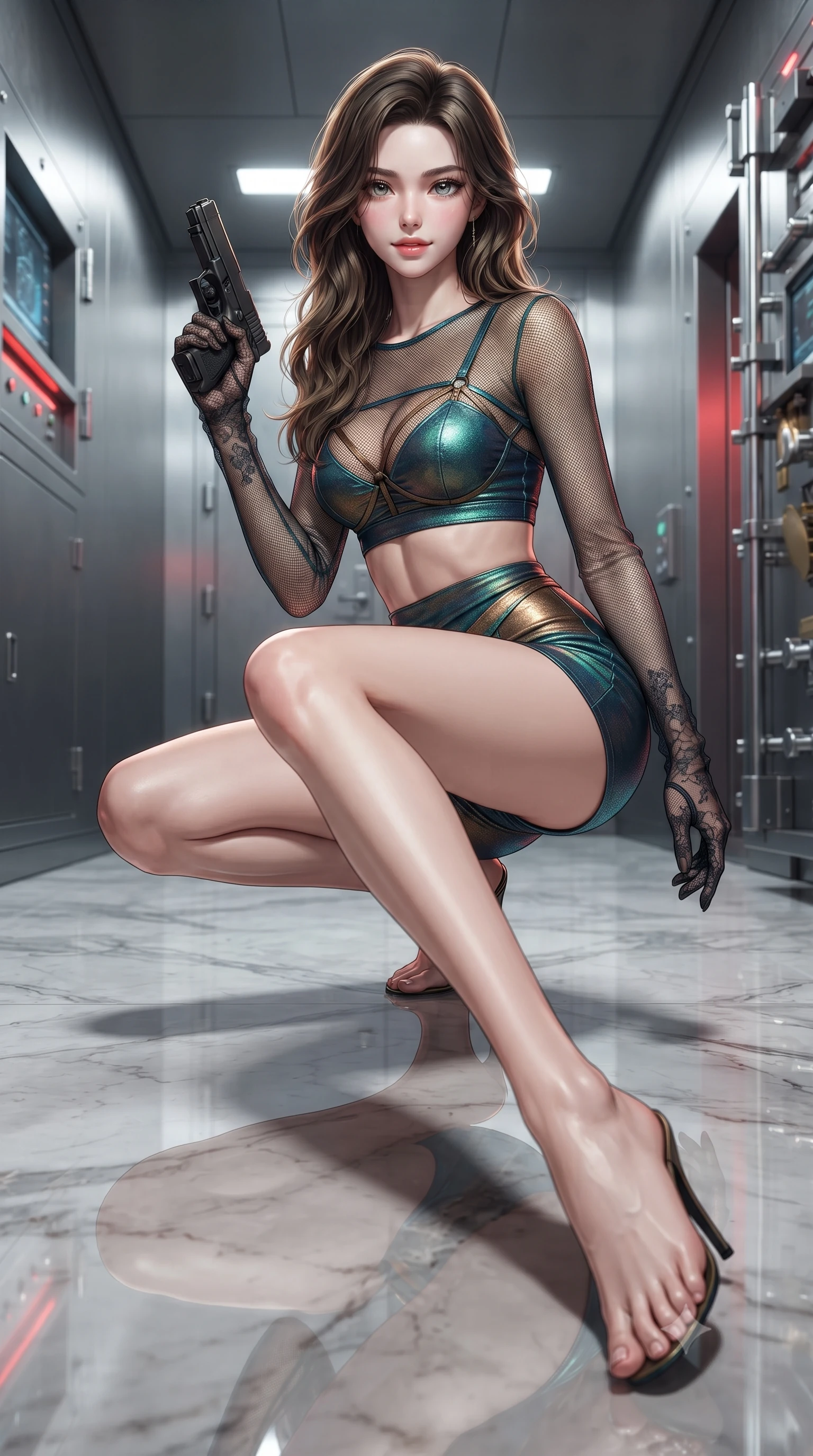 score_9, masterpiece, best quality, ultra-detailed, high-budget anime keyframe, editorial fashion photography, tasteful artistic composition, Korean woman. low angle full-body shot from head to toe showing her feet, filling the entire 9:16 vertical frame with her statuesque presence, stretching her vertical silhouette. stepping slowly toward the camera with hypnotic grace, hips swaying in an alluring sensual rhythm that accentuates her curvy hourglass silhouette and long slender legs while crouching low on the polished reflective floor with one leg extended, holding a silenced pistol with effortless femme fatale allure. The surrounding environment is rendered in vivid detail and crisp panoramic clarity: sharp laser emitter diode heads, stainless steel vault door bolts, and polished floor reflection clarity in deep focus. She has an absolutely perfect, statuesque 8.5-heads proportion, an exceptionally tall and slender model-like female figure with impossibly long slender legs, an ultra-slim waist, a flat toned midriff, narrow delicate ribcage, and beautifully sculpted feminine hips creating a graceful, slim hourglass silhouette without any bulky heaviness. sharp v-shaped jawline, high-bridge nose, sparkling eyes with hypnotic seductive depth, thick curled eyelashes, glossy parted lips with a natural dewy peach sheen, alluring bedroom-eyes with an enchanting coquettish smile, exuding magnetic siren charisma and sophisticated glamour, flawlessly proportioned anatomical accuracy, strict slender model proportions, natural body alignment, perfectly sculpted long slender limbs, ultra-slim waistline, clean dynamic posture without body distortion. wearing a delicate sheer mesh long-sleeve crop top layered over an opaque strappy tactical micro-bralette and tight shorts in iridescent peacock teal and burnished antique brass, woven from buttery-soft stretch lambskin leather adhering to her body like a second skin, complemented by sheer opera-length lace evening gloves tracing her slender arms, the high-slit wrap tailoring accentuating her ultra-slim waistline and the enchanting curve of her feminine hips with alluring seductive charm. illuminated by security console backlights and sharp red-and-white rim lighting sculpting her razor-sharp jawline, narrow waist, and curvy hips. ultra-reflective glossy finish, specular highlights, rich textural contrasts, high-contrast stereoscopic depth, volumetric dynamic lighting, 2k, ultra detail, master piece, 9:16 ratio
