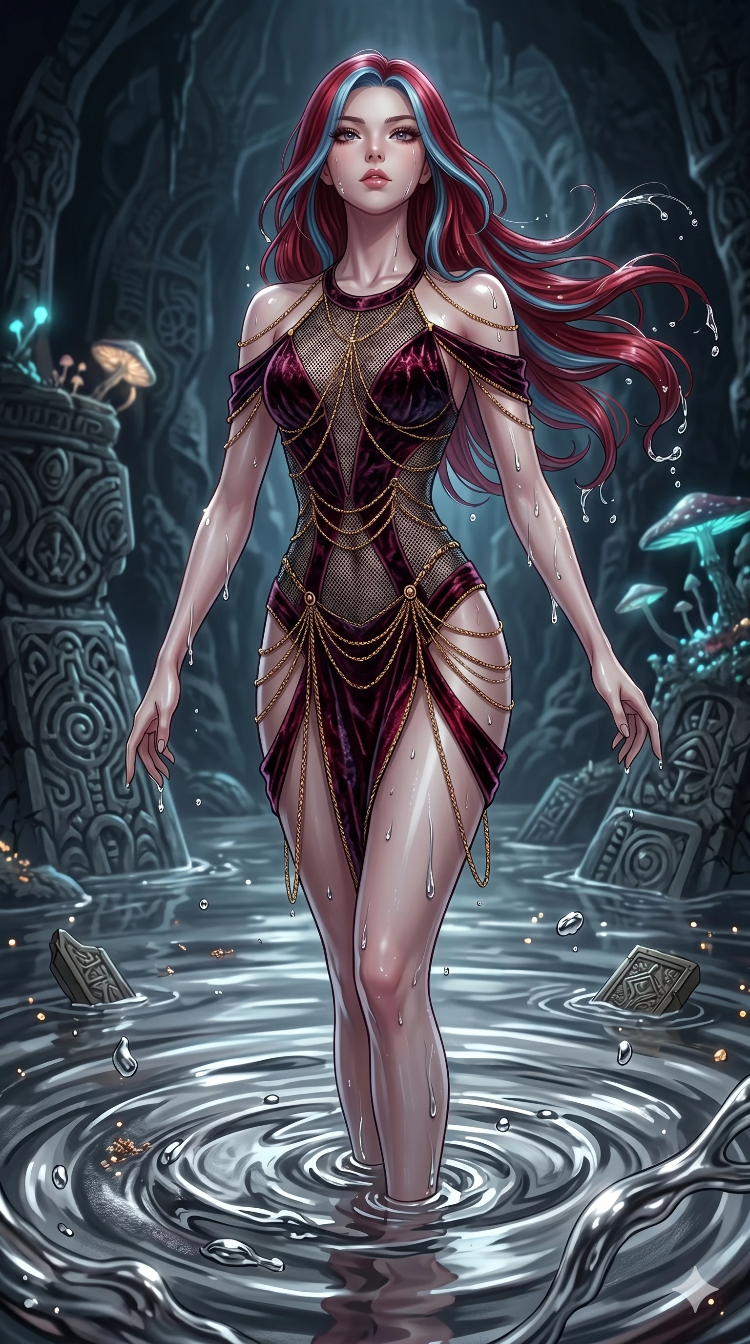 score_9, masterpiece, best quality, ultra-detailed, High-budget Anime Keyframe, East Asian woman. Dynamic full-body shot stretching the vertical silhouette to the limit. Scenario 164: Rising from a pool of mercury-like liquid, droplets rolling off her skin. Her presence is magnetic and overpowering in this high-budget anime scene. Outfit 164: A crushed dark velvet micro-mesh with a low-cut shoulder and fine gold chains. The clothing is designed to emphasize her exceptionally tall and slender 8-heads proportion. 8-heads proportion, towering silhouette, ultra-slim waist. sharp v-shaped jawline, intricate jewel-like eyes with depth, thick eyelashes, glossy lips. 2k, ultra detail, master piece, 9:16 ratio