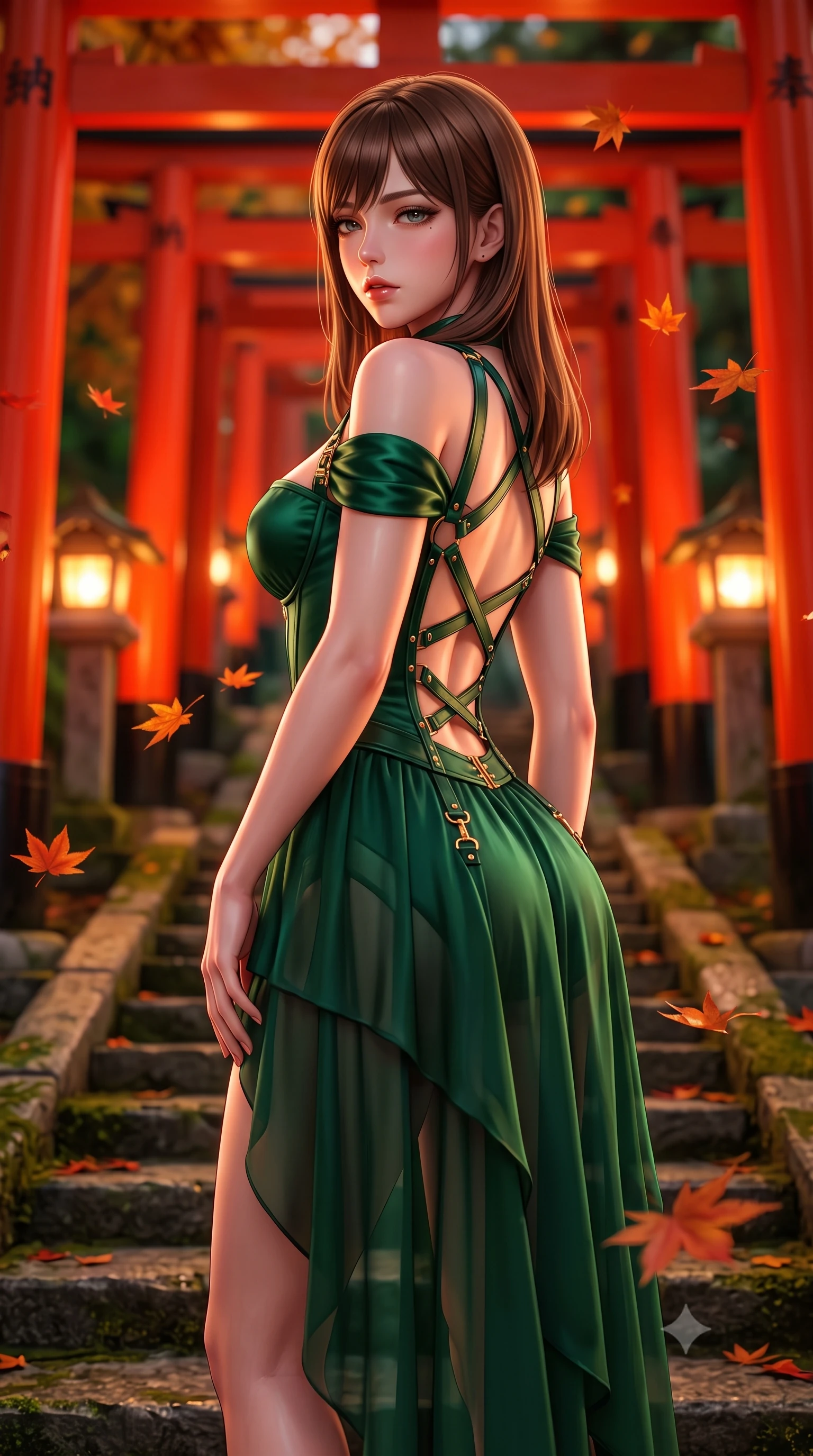 score_9, masterpiece, best quality, ultra-detailed, high-budget anime keyframe, semi-realistic 3D game render, editorial fashion photography, tasteful artistic composition, Korean woman. close-up cowboy shot from the waist and thighs up, the character dominates the composition, filling the frame with her large presence. twisting her slender torso in a deep contrapposto stance, hips dramatically shifted to accentuate her feminine curves while looking past her shoulder with smoldering bedroom-eyes while standing poised on the ancient stone steps between glowing stone lanterns, twisting her slender torso in an alluring S-curve as autumn maple leaves fall. The composition keeps background elements in soft focus with creamy bokeh. endless tunnel of bright vermilion torii arches and glowing stone lantern flames blurred into rich vermilion, amber, and deep forest-green bokeh. She has an exceptionally elegant, slender, and willowy female figure with an ultra-slim waist, flat toned midriff, narrow ribcage, and sculpted feminine hips creating an alluring, slim hourglass silhouette without bulk. sharp v-shaped jawline, high-bridge nose, intricate jewel-like eyes with depth, thick eyelashes, glossy parted lips with a natural sheen, intensely captivating and seductive bedroom-eyes expression, flawlessly proportioned anatomical accuracy, strict slender model proportions, natural body alignment, perfectly sculpted long slender limbs, ultra-slim waistline, clean dynamic posture without body distortion. wearing an off-shoulder French court corset bodice dress paired with a tiered translucent chiffon slit skirt in deep emerald green satin and gold hardware, tailored from second-skin aerodynamic stretch vinyl with specular wet sheen, featuring an open-back criss-cross harness strap in dark leather, the liquid-tight tailored fabric clinging flawlessly to her narrow waist and rounded feminine hips, emphasizing every millimeter of her sculpted slim hourglass curves without any bulky heaviness. bathed in rich, warm vermilion bounce light from the hundreds of lacquer pillars and soft lantern glow. highly saturated vibrant anime colors, detailed shading with soft gradients, rich glossy textures, high-contrast stereoscopic depth, volumetric dynamic lighting, master piece, 9:16 ratio