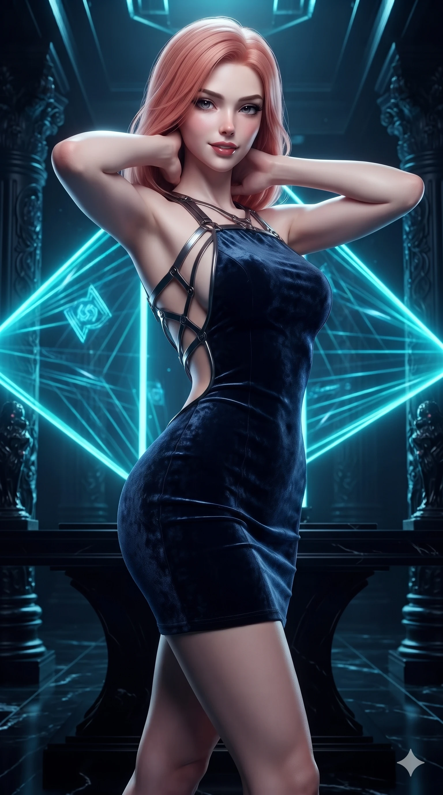 score_9, masterpiece, best quality, ultra-detailed, high-budget anime keyframe, editorial fashion photography, tasteful artistic composition, Japanese woman. close-up cowboy shot from the waist and thighs up, the character dominates the composition, filling the frame with her large presence. resting both hands lightly behind her neck with elbows raised, arching her spine to highlight her narrow waist and flat midriff while walking slowly into the center of the revolving runic projection with hypnotic grace, hips swaying in an alluring sensual rhythm. The surrounding environment is rendered in vivid detail and crisp panoramic clarity: sharp holographic light beam resolution, carved obsidian pillar chiseling, and polished black glass altar top in deep focus. She has an exceptionally elegant, slender, and willowy female figure with an ultra-slim waist, flat toned midriff, narrow ribcage, and sculpted feminine hips creating an alluring, slim hourglass silhouette without bulk. sharp v-shaped jawline, high-bridge nose, intricate jewel-like dark sparkling eyes with hypnotic seductive depth, thick curled eyelashes, glossy parted lips with a natural wine sheen, alluring bedroom-eyes with an enigmatic smoldering smile, exuding magnetic sovereign charisma and dark avant-garde glamour, flawlessly proportioned anatomical accuracy, strict slender model proportions, natural body alignment, perfectly sculpted long slender limbs, ultra-slim waistline, clean dynamic posture without body distortion. wearing a backless liquid vinyl mini slip dress with bare shoulder neckline in midnight navy blue and smoky pitch black, tailored from crushed dark velvet with deep light-absorbing plush texture, highlighted by a gunmetal metallic harness structure, the glove-like silhouette tightly following the natural contour of her hips and long slender legs with youthful 8.5-heads elegance. illuminated by intense radiant neon cyan and ultraviolet holographic projections contrasting with pitch-black stone. ultra-reflective glossy finish, specular highlights, metallic sheen, high-contrast stereoscopic depth, volumetric dynamic lighting, 2k, ultra detail, master piece, 9:16 ratio