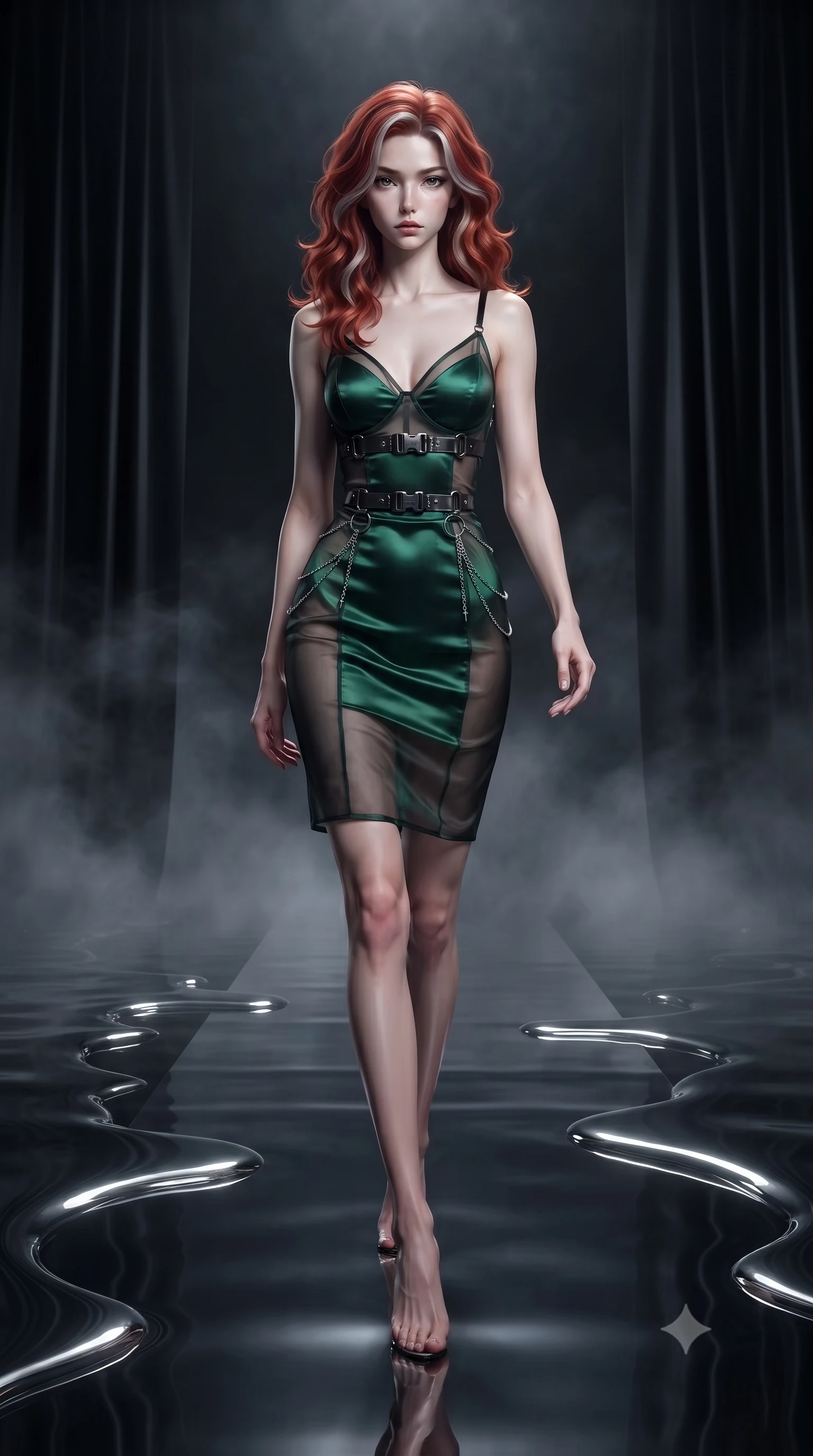 score_9, masterpiece, best quality, ultra-detailed, high-budget anime keyframe, editorial fashion photography, tasteful artistic composition, Caucasian woman. low angle full-body shot from head to toe showing her feet, filling the entire 9:16 vertical frame with her statuesque presence, stretching her vertical silhouette. forging confidently through the dark atmospheric mist, holding a poised statuesque stance, walking across a reflective dark chrome walkway surrounded by flowing liquid silver, heavy black silk curtains absorbing surrounding light into deep darkness. She has an absolutely perfect, statuesque 8.5-heads proportion, an exceptionally tall and slender model-like female figure with impossibly long slender legs and an ultra-slim waist. sharp v-shaped jawline, high-bridge nose, intricate jewel-like eyes with depth, thick eyelashes, glossy lips with a natural sheen. wearing form-contouring dark crimson liquid silk long slip dress in deep emerald green, made of sheer dark organza overlay, framed by dark titanium buckles and silver chain details, the fitted fabric emphasizing her ultra-slim waist. lit by sharp silvery key light casting dramatic dark reflections. highly saturated vibrant anime colors, detailed shading with soft gradients, rich glossy textures, high-contrast stereoscopic depth, volumetric dynamic lighting, master piece, 9:16 ratio