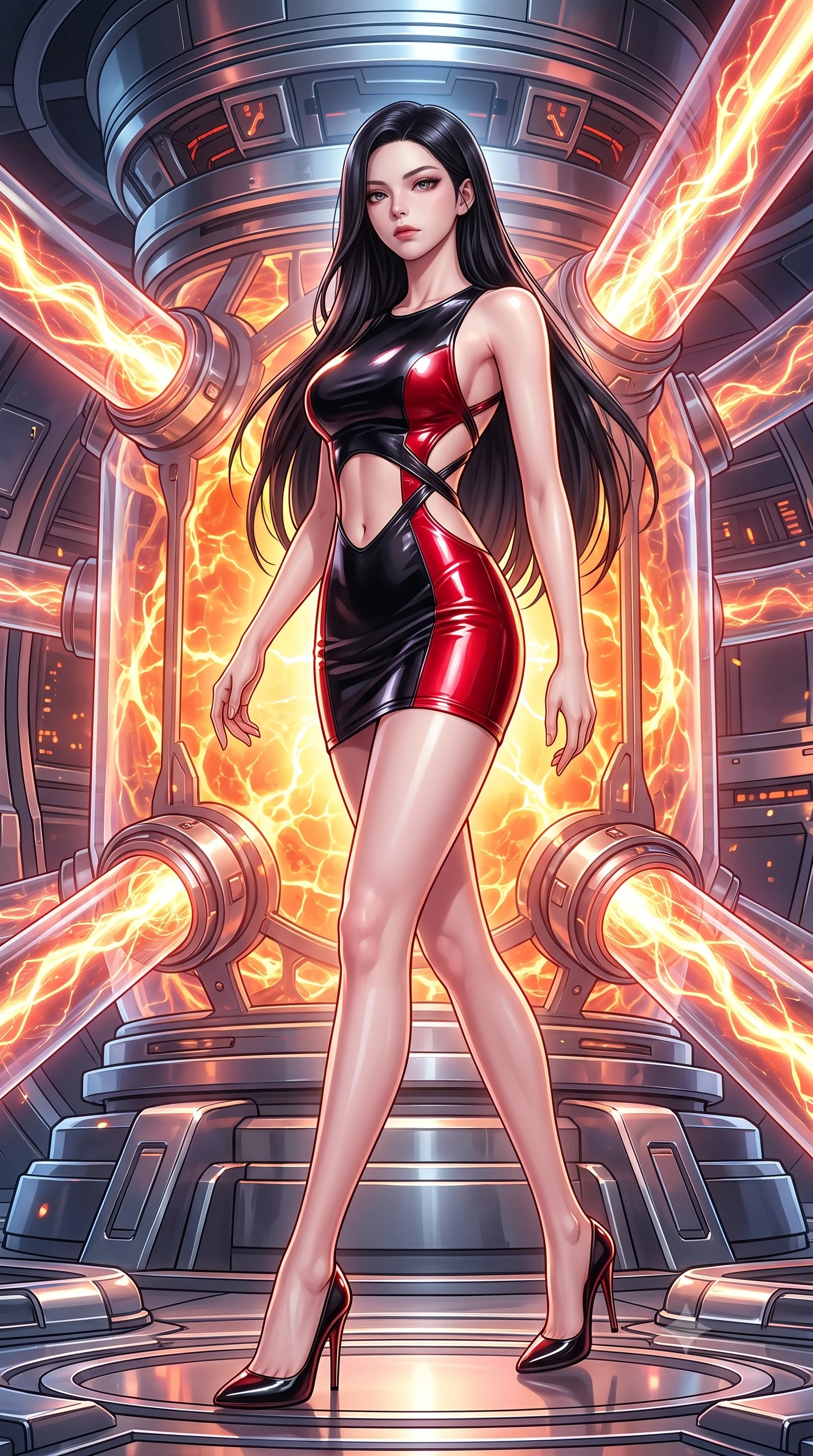 score_9, masterpiece, best quality, ultra-detailed, high-budget anime keyframe, semi-realistic 3D game render, editorial fashion photography, tasteful artistic composition, Korean woman. low angle full-body shot from head to toe showing her feet, filling the entire 9:16 vertical frame with her statuesque presence, stretching her vertical silhouette. striding forward in a proud, statuesque motion with a dangerous smolder, her vertical silhouette dominating the frame from head to toe while floating weightlessly near a colossal fusion reactor core with molten energy pulsing through transparent conduits. The surrounding environment is rendered in vivid detail and crisp panoramic clarity. intricate plasma arc textures, glowing fusion core lattices, and polished chrome plating in high resolution. She has an absolutely perfect, statuesque 8.5-heads proportion, an exceptionally tall and slender model-like female figure with impossibly long slender legs and an ultra-slim waist. sharp v-shaped jawline, high-bridge nose, intricate jewel-like eyes with depth, thick eyelashes, glossy lips with a natural sheen, flawlessly proportioned anatomical accuracy, natural body alignment, perfectly sculpted elegant limbs, clean dynamic posture without body distortion. wearing a second-skin fashion-latex mini dress with a clean architectural front, featuring an open-back design that wraps around the sides of her waist, showcasing her slender silhouette in glossy obsidian black and radiant crimson red, tailored from semi-translucent cybernetic vinyl with glowing micro-filaments, complemented by criss-cross back straps highlighting her completely bare spine, the daring cutouts accentuating her delicate midriff, graceful collarbones, and feminine contour. illuminated by intense volumetric energy beams and high-contrast specular reflections. highly saturated vibrant anime colors, detailed shading with soft gradients, rich glossy textures, high-contrast stereoscopic depth, volumetric dynamic lighting, master piece, 9:16 ratio