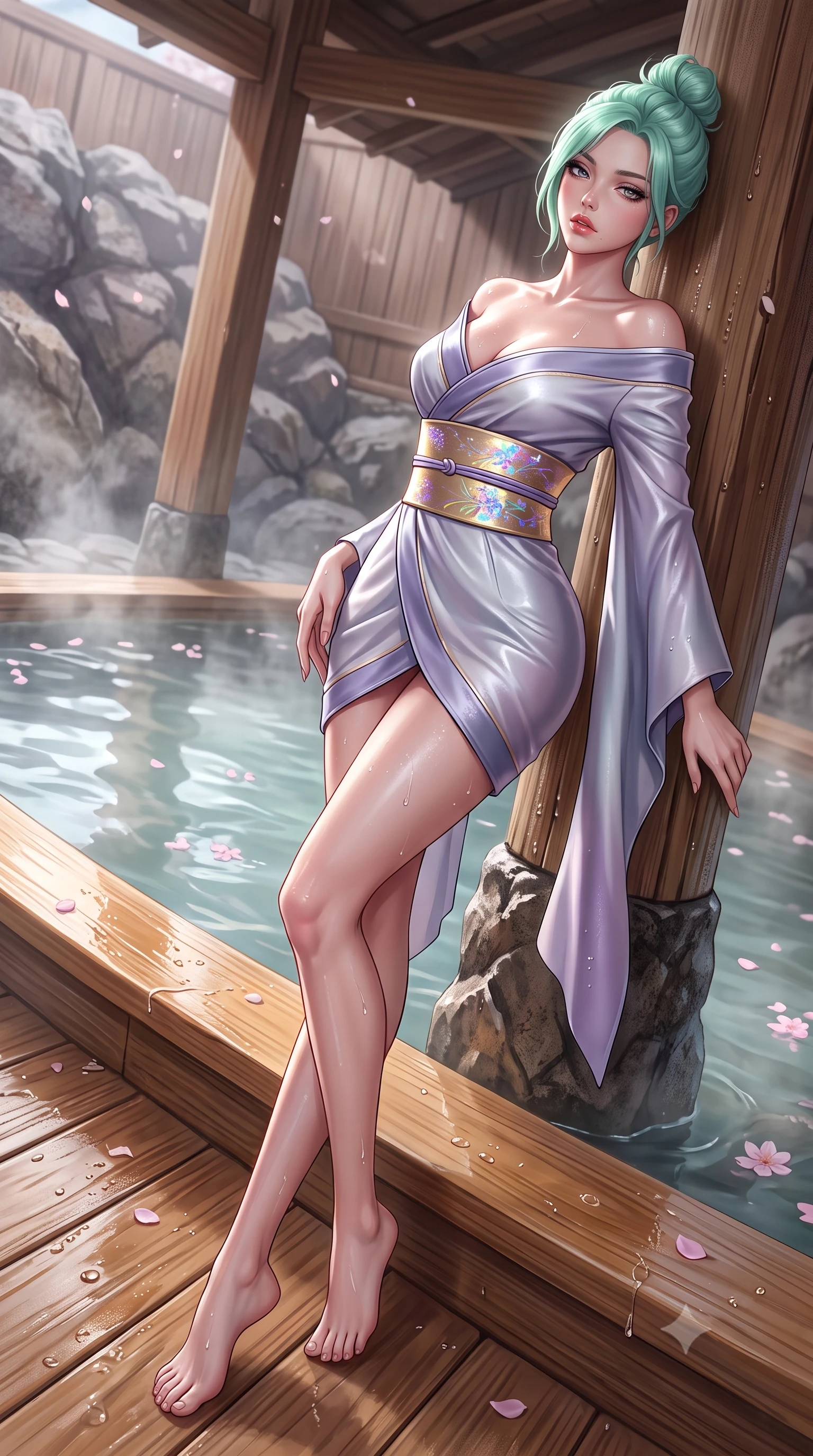 score_9, masterpiece, best quality, ultra-detailed, high-budget anime keyframe, semi-realistic 3D game render, editorial fashion photography, tasteful artistic composition, Japanese woman. low angle full-body shot from head to toe showing her feet, filling the entire 9:16 vertical frame with her statuesque presence, stretching her vertical silhouette. leaning deep against the structural architecture with hips cocked in an unapologetically bold, seductive high-fashion stance while perching on the smooth hinoki wood rim of a steaming outdoor onsen, water droplets beading on her hip as she glances back with parted lips. The surrounding environment is rendered in vivid detail and crisp panoramic clarity. sharp wet hinoki wood grain, distinct water droplet tracks on skin, and delicate cherry blossom petals in deep focus. She has an absolutely perfect, statuesque 8.5-heads proportion, an exceptionally tall and slender model-like female figure with impossibly long slender legs, a toned flat midriff, an ultra-slim waist, and beautifully sculpted feminine hips. sharp v-shaped jawline, high-bridge nose, intricate jewel-like eyes with depth, thick eyelashes, glossy parted lips with a natural sheen, intensely captivating and seductive bedroom-eyes expression, flawlessly proportioned anatomical accuracy, strict slender model proportions, natural body alignment, perfectly sculpted long slender limbs, ultra-slim waistline, clean dynamic posture without body distortion. wearing a traditional-modern silk fusion wrap dress with asymmetric trailing sleeves and waist-cinching obi in moonlit silver and lavender mist, crafted from supple second-skin lambskin leather with specular wet sheen, complemented by a wide metallic gold obi sash with holographic floral embroidery, the second-skin form-contouring cut accentuating her sculpted flat midriff, narrow waistline, and dramatically curvy hips without adding bulk. illuminated by wet specular reflections accentuating her sculpted collarbones, narrow waist, and curvy hips. highly saturated vibrant anime colors, detailed shading with soft gradients, rich glossy textures, high-contrast stereoscopic depth, volumetric dynamic lighting, master piece, 9:16 ratio