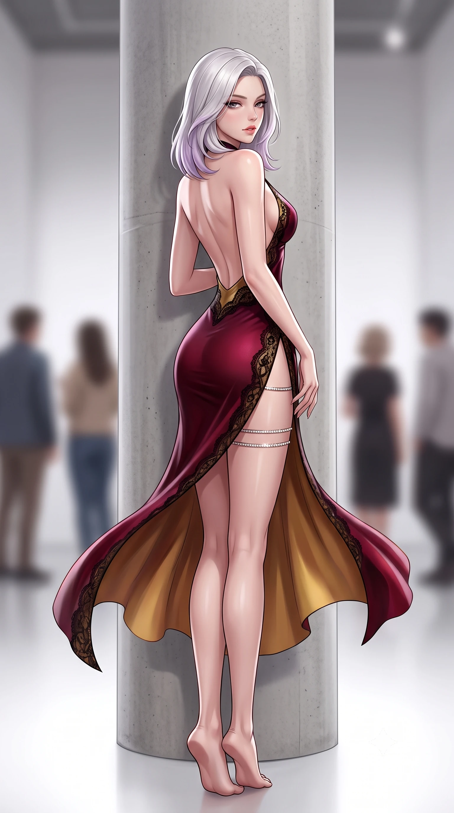 score_9, masterpiece, best quality, ultra-detailed, high-budget anime keyframe, semi-realistic 3D game render, editorial fashion photography, tasteful artistic composition, Caucasian woman. low angle full-body shot from head to toe showing her feet, filling the entire 9:16 vertical frame with her statuesque presence, stretching her vertical silhouette. executing a slow, graceful pivot turn as her skirt sways around her slender legs, glancing back with an enchanting, teasing sensual expression while leaning against a smooth concrete architectural pillar with hips cocked back, casting an intoxicating, heavy-lidded high-fashion gaze. The background shows a soft-focus modern art visitors softened in ultra-minimalist museum shallow focus. She has an absolutely perfect, statuesque 8.5-heads proportion, an exceptionally tall and slender model-like female figure with impossibly long slender legs, an ultra-slim waist, a flat toned midriff, narrow delicate ribcage, and beautifully sculpted feminine hips creating a graceful, slim hourglass silhouette without any bulky heaviness. sharp v-shaped jawline, high-bridge nose, sparkling eyes with hypnotic seductive depth, thick curled eyelashes, glossy parted lips with a natural dewy peach sheen, alluring bedroom-eyes with an enchanting coquettish smile, exuding magnetic siren charisma and sophisticated glamour, flawlessly proportioned anatomical accuracy, strict slender model proportions, natural body alignment, perfectly sculpted long slender limbs, ultra-slim waistline, clean dynamic posture without body distortion. wearing a slinky backless halterneck column mini dress clinging like a second skin with deep geometric side slits in smoldering bordeaux wine and liquid gold with black chantilly lace, made of semi-opaque stretch illusion mesh with soft shadowy contours, finished with delicate crystal-encrusted thigh garter straps glinting under the lights, the second-skin tailored fabric adhering flawlessly to her sculpted flat midriff and slender torso, emphasizing her long leg lines and perfectly proportioned willowy build. illuminated by white floor bounce fill and sharp platinum rim lights sculpting her razor-sharp jawline, narrow waist, and curvy hips. highly saturated vibrant anime colors, detailed shading with soft gradients, rich glossy textures, high-contrast stereoscopic depth, volumetric dynamic lighting, master piece, 9:16 ratio