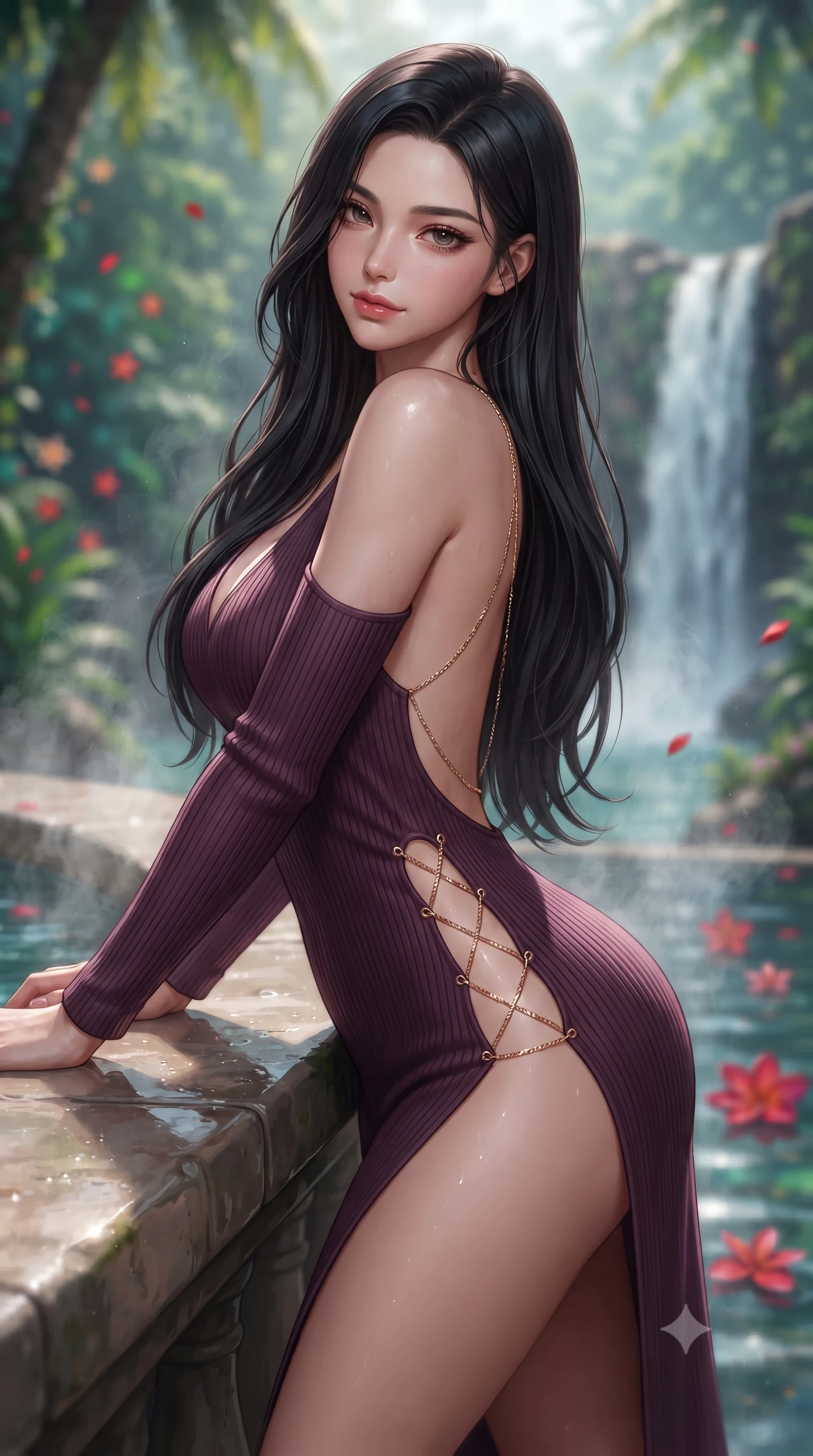 score_9, masterpiece, best quality, ultra-detailed, high-budget anime keyframe, editorial fashion photography, tasteful artistic composition, Korean woman. close-up cowboy shot from the waist and thighs up, the character dominates the composition, filling the frame with her large presence. leaning back against the balustrade with relaxed seductive grace, head tilted back slightly while casting a hypnotic, heavy-lidded gaze while leaning back against the smooth stone tub rim with hips cocked back, looking over a bare shoulder through tropical steam with an intoxicating bedroom-gaze. The background shows a soft-focus roaring natural waterfall pouring over jungle cliffs behind, floating red frangipani petals on water, and dark rainforest canopy blurred into ruby, jade, and amber bokeh. She has an exceptionally elegant, slender, and willowy female figure with an ultra-slim waist, flat toned midriff, narrow ribcage, and sculpted feminine hips creating an alluring, slim hourglass silhouette without bulk. sharp v-shaped jawline, high-bridge nose, sparkling eyes with hypnotic seductive depth, thick curled eyelashes, glossy parted lips with a natural dewy peach sheen, alluring bedroom-eyes with an enchanting coquettish smile, exuding magnetic siren charisma and sophisticated glamour, flawlessly proportioned anatomical accuracy, strict slender model proportions, natural body alignment, perfectly sculpted long slender limbs, ultra-slim waistline, clean dynamic posture without body distortion. wearing a plunging V-neck fine rib-knit sweater dress with daring side-lace openings tracing her hip curve in deep plum violet and rose gold, woven from buttery-soft stretch lambskin leather adhering to her body like a second skin, accented with an open-back drape framed by falling strands of delicate gold chains, the high-slit wrap tailoring accentuating her ultra-slim waistline and the enchanting curve of her feminine hips with alluring seductive charm. illuminated by wet stone specular highlights and sharp champagne-gold rim lights sculpting her jawline, flat midriff, and voluptuous hip curves. ultra-reflective glossy finish, specular highlights, rich textural contrasts, high-contrast stereoscopic depth, volumetric dynamic lighting, 2k, ultra detail, master piece, 9:16 ratio