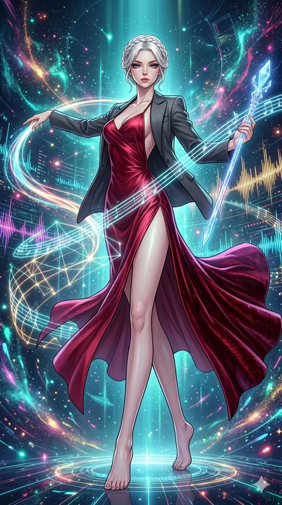 score_9, masterpiece, best quality, ultra-detailed, high-budget anime movie keyframe, cinematic anime lighting, intricate line art, Korean woman. Dynamic full-body shot stretching the vertical silhouette with extreme perspective. weaving a symphony o