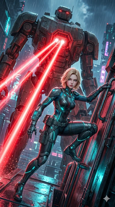 score_9, masterpiece, best quality, ultra-detailed, photorealistic 8k CG, hyper-detailed textures, ray-tracing, Korean woman. Low angle cowboy shot capturing a powerful motion and statuesque presence. climbing a colossal sentinel robot while it fires