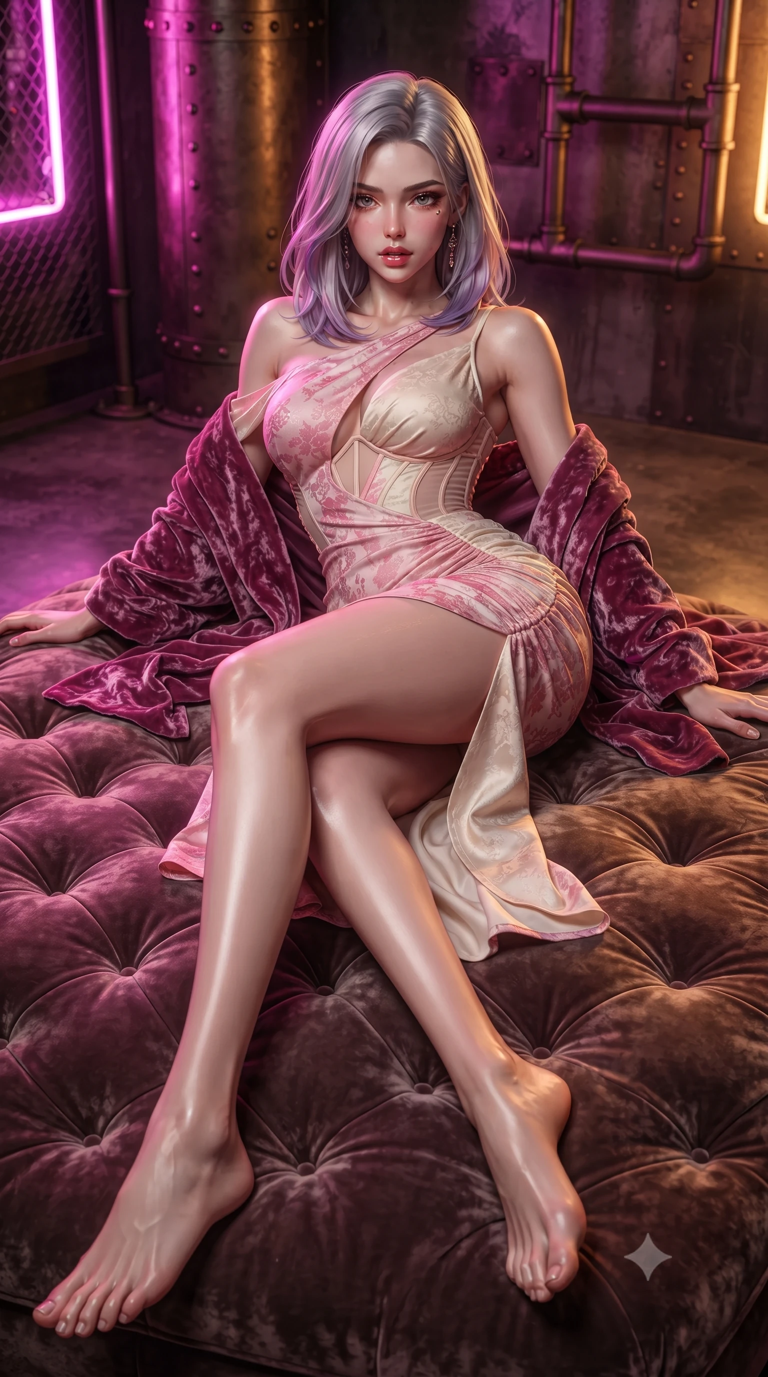 score_9, masterpiece, best quality, ultra-detailed, high-budget anime keyframe, editorial fashion photography, tasteful artistic composition, Caucasian woman. low angle full-body shot from head to toe showing her feet, filling the entire 9:16 vertical frame with her statuesque presence, stretching her vertical silhouette. reclining on her side in an elegant Cleopatra pose with one knee drawn up, the dramatic contour of her rounded hips and long slender legs commanding the 9:16 vertical frame while reclining languidly on a tufted velvet floor cushion propped on one elbow, her slender waist and curved hips highlighted by neon pink and amber chiaroscuro. The surrounding environment is rendered in vivid detail and crisp panoramic clarity. detailed silk kimono brocade weave, soft skin specular highlights, and industrial pipe rivets in high clarity. She has an exceptionally tall and slender model-like 8.5-heads proportion, an ultra-slim waist, a flat toned midriff, narrow delicate ribcage, and beautifully sculpted feminine hips creating a graceful, slim hourglass silhouette without any bulky heaviness, with impossibly long slender legs. sharp v-shaped jawline, high-bridge nose, intricate jewel-like eyes with depth, thick eyelashes, glossy parted lips with a natural sheen, intensely captivating and seductive bedroom-eyes expression, flawlessly proportioned anatomical accuracy, strict slender model proportions, natural body alignment, perfectly sculpted long slender limbs, ultra-slim waistline, clean dynamic posture without body distortion. wearing a form-contouring cocktail dress with an asymmetrical open shoulder and hip-defining ruching in sakura blossom pink and warm ivory, made of fluid silk crepe with delicate inner corsetry boning, complemented by a plush velvet shawl draped loosely over her elbows, the precision-cut side openings and low-back scoop framing her graceful spine and the sensual sweep of her slim, toned hips. bathed in vibrant magenta neon backlighting contrasting with warm amber brass furnace glow. ultra-reflective glossy finish, specular highlights, rich textural contrasts, high-contrast stereoscopic depth, volumetric dynamic lighting, 2k, ultra detail, master piece, 9:16 ratio