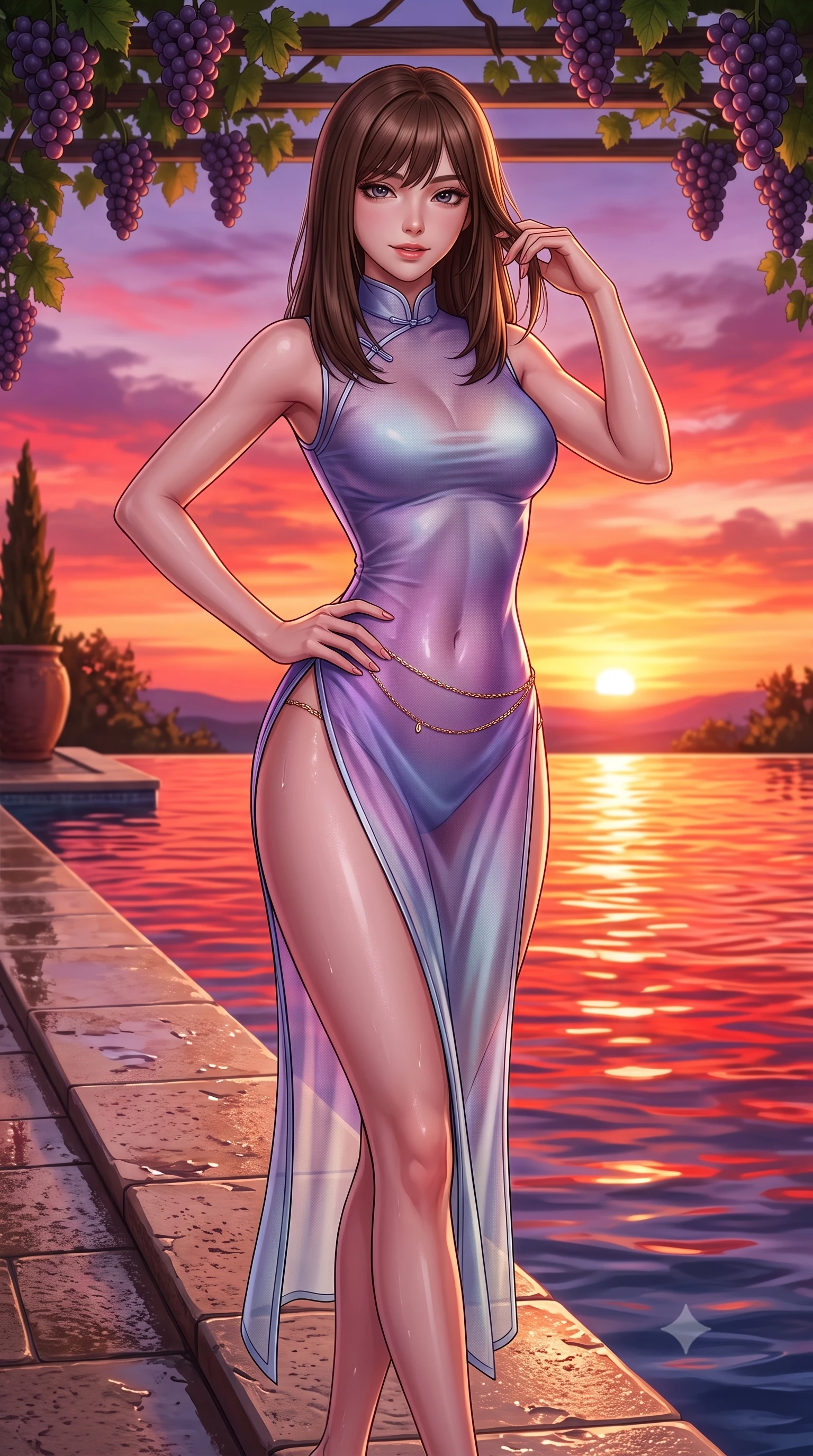score_9, masterpiece, best quality, ultra-detailed, high-budget anime keyframe, semi-realistic 3D game render, editorial fashion photography, tasteful artistic composition, Korean woman. close-up cowboy shot from the waist and thighs up, the character dominates the composition, filling the frame with her large presence. twisting her slender torso in an alluring contrapposto stance, one hand resting on her sculpted hip while her fingers toy with her hair with effortless poise while walking slowly along the wet travertine edge of the infinity pool, arching her spine with seductive grace as the fiery crimson sunset reflects in the water. The surrounding environment is rendered in vivid detail and crisp panoramic clarity: sharp travertine stone pool coping, ripe purple grape cluster details on overhead trellis, and pool surface meniscus in deep focus. She has an exceptionally elegant, slender, and willowy female figure with an ultra-slim waist, flat toned midriff, narrow ribcage, and sculpted feminine hips creating an alluring, slim hourglass silhouette without bulk. sharp v-shaped jawline, high-bridge nose, sparkling eyes with hypnotic seductive depth, thick curled eyelashes, glossy parted lips with a natural dewy peach sheen, alluring bedroom-eyes with an enchanting coquettish smile, exuding magnetic siren charisma and sophisticated glamour, flawlessly proportioned anatomical accuracy, strict slender model proportions, natural body alignment, perfectly sculpted long slender limbs, ultra-slim waistline, clean dynamic posture without body distortion. wearing a modern cheongsam-inspired sheer mesh dress with high mandarin collar and daring hip-high double side slits in icy aurora-violet and glacial liquid silver, made of semi-opaque stretch illusion mesh with soft shadowy contours, accented with a dainty gold belly chain resting across her flat midriff and curving hips, the second-skin tailored fabric adhering flawlessly to her sculpted flat midriff and slender torso, emphasizing her long leg lines and perfectly proportioned willowy build. bathed in saturated crimson, apricot, and lavender sunset light blazing across the Tuscan sky. highly saturated vibrant anime colors, detailed shading with soft gradients, rich glossy textures, high-contrast stereoscopic depth, volumetric dynamic lighting, master piece, 9:16 ratio