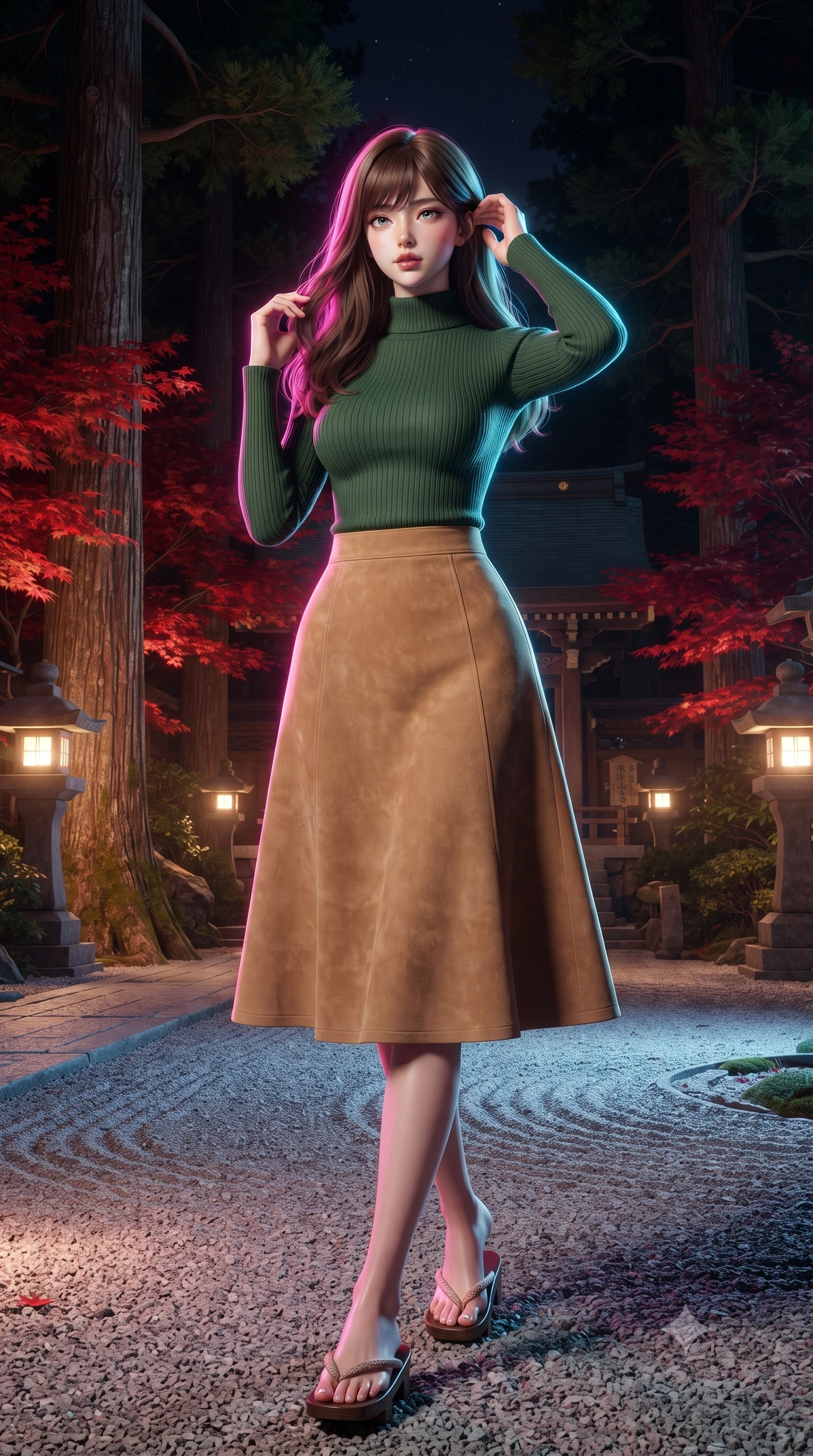 score_9, masterpiece, best quality, ultra-detailed, high-budget anime keyframe, editorial fashion photography, tasteful artistic composition, Korean woman. low angle full-body shot from head to toe showing her feet, filling the entire 9:16 vertical frame with her statuesque presence, stretching her vertical silhouette. navigating with fluid motion through a traditional Japanese Shinto shrine courtyard at night with stone lanterns casting warm pools of light ancient cedar trees autumn maple leaves in brilliant red and a raked gravel garden gleaming in moonlight. She has a statuesque 8.5-heads proportion, an exceptionally tall, slender and willowy model-like build with impossibly long legs and a highly sculpted ultra-slim waist. sharp v-shaped jawline, high-bridge nose, intricate jewel-like eyes with depth, thick eyelashes, glossy lips with a natural sheen. wearing a high-neck forest green ribbed long-sleeve top paired with a tan suede A-line midi skirt. brilliant cinematic volumetric lighting with intense neon rim light outlining her form. 2k, ultra detail, master piece, 9:16 ratio