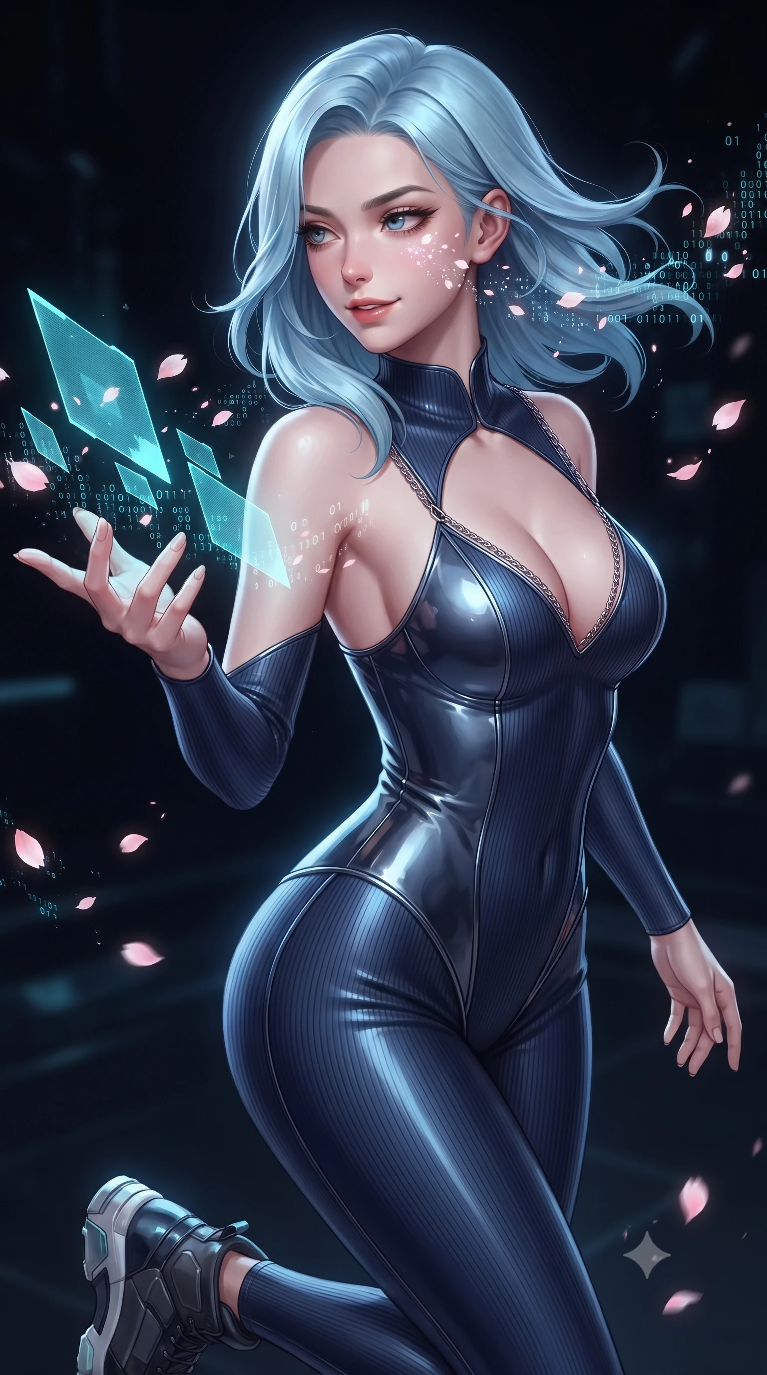 score_9, masterpiece, best quality, ultra-detailed, high-budget anime keyframe, editorial fashion photography, tasteful artistic composition, Korean woman. close-up cowboy shot from the waist and thighs up, the character dominates the composition, filling the frame with her large presence, background elements kept in soft focus. Glancing sidelong over her shoulder with a smoldering half-smile and heavy lashes manipulating floating translucent cyan hologram data shards in a void, floating digital sakura petals flickering into binary code sparks. She has an exceptionally elegant, slender, and willowy female figure with an ultra-slim waist, a gracefully sculpted slender torso, and a refined silhouette. sharp v-shaped jawline, high-bridge nose, intricate jewel-like eyes with depth, thick eyelashes, glossy lips with a natural sheen. wearing a form-fitting ribbed activewear set with collar cutouts in midnight navy blue and chrome trim, tailored from high-gloss patent leather, adorned with delicate metallic chain straps along the neckline, the form-contouring material highlighting her ultra-slim waist and long lines. surrounded by a crisp high-tech illumination highlighting every sleek curve. highly saturated vibrant anime colors, detailed shading with soft gradients, rich glossy textures, high-contrast stereoscopic depth, volumetric dynamic lighting, master piece, 9:16 ratio