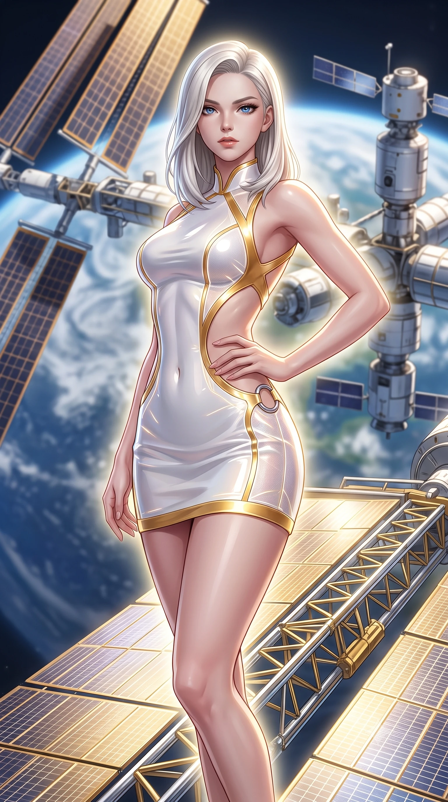 score_9, masterpiece, best quality, ultra-detailed, high-budget anime keyframe, semi-realistic 3D game render, editorial fashion photography, tasteful artistic composition, Caucasian woman. close-up cowboy shot from the waist and thighs up, the character dominates the composition, filling the frame with her large presence. twisting her upper body in a dynamic S-curve with commanding allure, one hand resting on her slender waist with haughty grace while standing poised on the gold and chrome solar array truss of a massive orbital space station overlooking planet Earth. The composition keeps background elements in soft focus with creamy bokeh. orbital solar array trusses and satellite modules softened in smooth cosmic atmospheric focus. She has an exceptionally elegant, slender, and willowy female figure with an ultra-slim waist, a gracefully sculpted slender torso, toned flat midriff, and a refined slim silhouette. sharp v-shaped jawline, high-bridge nose, intricate jewel-like eyes with depth, thick eyelashes, glossy lips with a natural sheen, flawlessly proportioned anatomical accuracy, strict slender model proportions, natural body alignment, perfectly sculpted long slender limbs, ultra-slim waistline, clean dynamic posture without body distortion. wearing a high-gloss lacquer cyber-couture mini dress with an open-back architectural cut and subtle glowing micro-filaments in pristine liquid pearl white and radiant solar gold trim, crafted from delicate iridescent organza interwoven with luminescent micro-fibers, detailed with polished silver rings connecting the daring side-waist cutouts, the form-contouring material adhering flawlessly to her sculpted flat midriff and slender torso, emphasizing her long leg lines and perfectly proportioned willowy build. surrounded by an awe-inspiring, supreme, and radiantly divine cosmic sovereign aura. rich saturated anime colors with glowing neon highlights, detailed shading with soft gradients, rich glossy textures, high-contrast stereoscopic depth, volumetric dynamic lighting, master piece, 9:16 ratio
