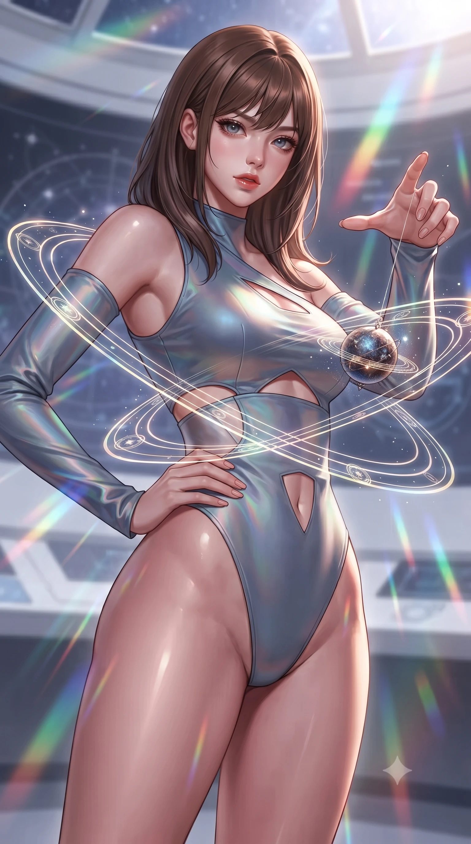 score_9, masterpiece, best quality, ultra-detailed, high-budget anime keyframe, editorial fashion photography, tasteful artistic composition, Korean woman. close-up cowboy shot from the waist and thighs up, the character dominates the composition, filling the frame with her large presence, background elements kept in soft focus. Holding a powerful dynamic pose with one hand on her hip and body angled dramatically toward the key light while reaching her arm forward to intercept a floating planetary pendulum catching starlight, glowing orbital glyphs hovering in fluid circular paths around her torso. She has an exceptionally elegant, slender, and willowy female figure with an ultra-slim waist, a gracefully sculpted slender torso, and a refined silhouette. sharp v-shaped jawline, high-bridge nose, intricate jewel-like eyes with depth, thick eyelashes, glossy lips with a natural sheen, flawlessly proportioned anatomical accuracy, natural body alignment, perfectly sculpted elegant limbs, clean dynamic posture without body distortion. wearing an asymmetrical high-cut tech-bodysuit with detached sleeves in slate blue and metallic silver, crafted from iridescent chiffon that shifts colors in the light, featuring subtle geometric cutouts that highlight her ultra-slim midriff, the tailored fabric tightly following every curve of her athletic build. illuminated by cascading rainbow prismatic rays and rich metallic rim highlights. ultra-reflective glossy finish, specular highlights, metallic sheen, high-contrast stereoscopic depth, volumetric dynamic lighting, 2k, ultra detail, master piece, 9:16 ratio