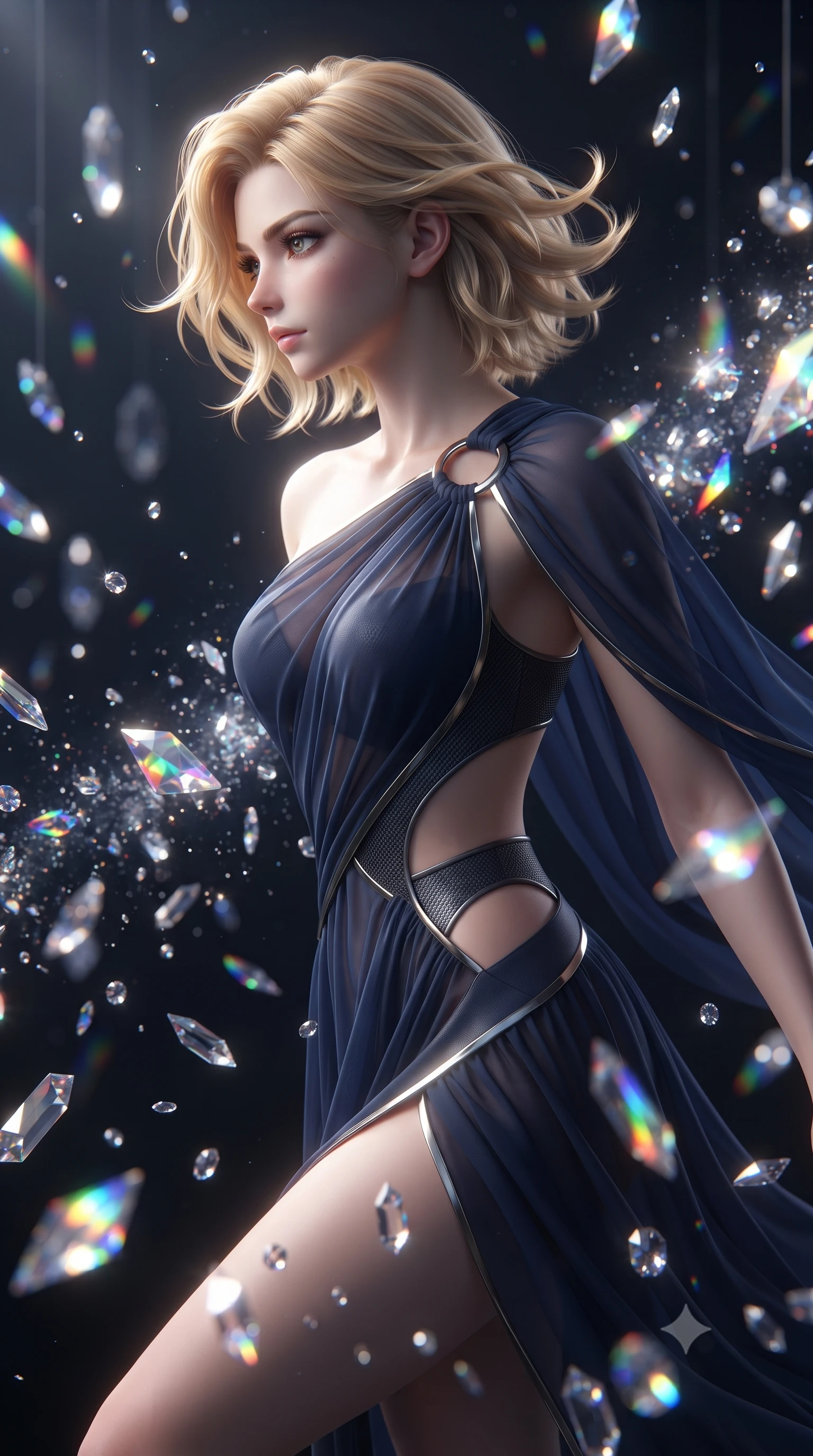 score_9, masterpiece, best quality, ultra-detailed, high-budget anime keyframe, editorial fashion photography, tasteful artistic composition, Caucasian woman. close-up cowboy shot from the waist and thighs up, the character dominates the composition, filling the frame with her large presence, background elements kept in soft focus. Turning her face in sharp profile while her upper body leans forward with poised athletic grace while floating dynamically in a high-contrast void surrounded by suspended prismatic mirror petals, glowing crystalline dust motes sparkling dynamically in the surrounding dark space. She has an exceptionally elegant, slender, and willowy female figure with an ultra-slim waist, a gracefully sculpted slender torso, and a refined silhouette. sharp v-shaped jawline, high-bridge nose, intricate jewel-like eyes with depth, thick eyelashes, glossy lips with a natural sheen, flawlessly proportioned anatomical accuracy, natural body alignment, perfectly sculpted elegant limbs, clean dynamic posture without body distortion. wearing an asymmetrical Grecian draped chiffon gown with a metallic shoulder ring in midnight navy blue and chrome trim, made of fine carbon-fiber weave and soft matte leather, featuring clean architectural cutouts along her slender torso, the tailored fabric tightly following every curve of her athletic build. bathed in brilliant multi-color rainbow light refracting through floating glass prisms. ultra-reflective glossy finish, specular highlights, metallic sheen, high-contrast stereoscopic depth, volumetric dynamic lighting, 2k, ultra detail, master piece, 9:16 ratio