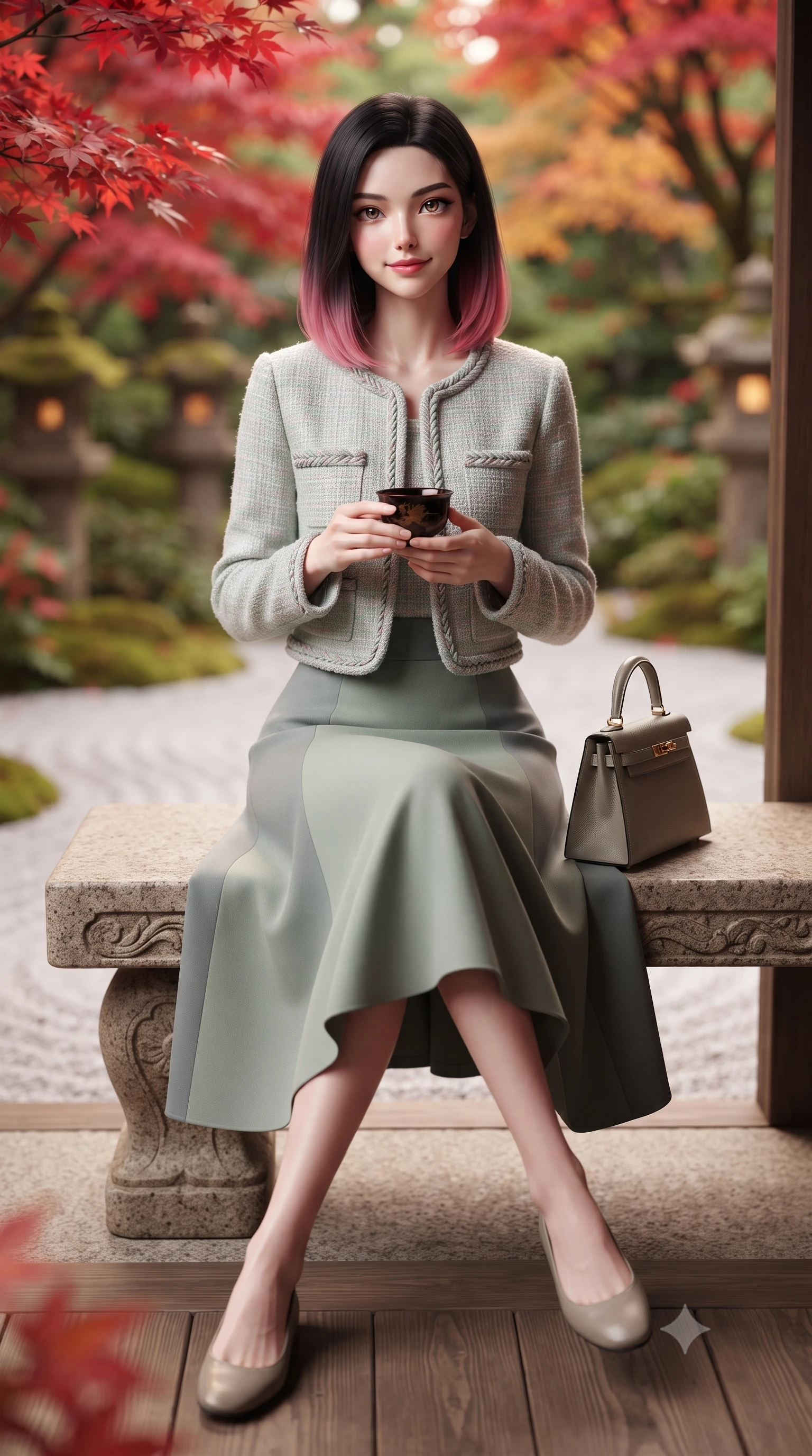 score_9, masterpiece, best quality, ultra-detailed, high-budget anime keyframe, editorial fashion photography, tasteful artistic composition, Korean woman. low angle full-body shot from head to toe showing her feet, filling the entire 9:16 vertical frame with her statuesque presence, stretching her vertical silhouette. sitting gracefully on the carved stone bench with legs crossed at the ankles, hands resting gently in her lap with noble poise while holding a black lacquer teacup with both hands on the veranda, looking up toward the camera with an enchanting, peaceful smile. The background shows a soft-focus vibrant crimson and vermilion Japanese maple leaves, raked white gravel zen patterns, and mossy stone lanterns blurred into scarlet, amber, and moss green bokeh. She has an exceptionally tall and slender model-like 8.5-heads proportion, an ultra-slim waist, a flat toned midriff, narrow delicate ribcage, and beautifully sculpted feminine hips creating a graceful, slim hourglass silhouette without any bulky heaviness, with impossibly long slender legs. sharp v-shaped jawline, high-bridge nose, intricate jewel-like sparkling eyes with depth, thick eyelashes, glossy parted lips with a natural peach sheen, bright cheerful beaming smile with an enchanting and coquettish sensual glint, exuding both youthful cute charm and seductive allure, flawlessly proportioned anatomical accuracy, strict slender model proportions, natural body alignment, perfectly sculpted long slender limbs, ultra-slim waistline, clean dynamic posture without body distortion. wearing a collarless pastel bouclé tweed jacket with braided trims paired with a coordinating high-waisted A-line midi skirt in misty Arashiyama bamboo green and slate grey, woven from fine Australian merino wool with a smooth fluid drape and subtle sheen, finished with a structured leather top-handle mini bag resting gracefully at her side, the expertly draped wool fabric falling in crisp fluid lines along her tall 8.5-heads silhouette, celebrating her slender frame without excess fabric bulk. illuminated by white gravel garden bounce and warm vermilion-gold rim lights defining her delicate features, jawline, and graceful silhouette. ultra-reflective glossy finish, specular highlights, rich textural contrasts, high-contrast stereoscopic depth, volumetric dynamic lighting, 2k, ultra detail, master piece, 9:16 ratio