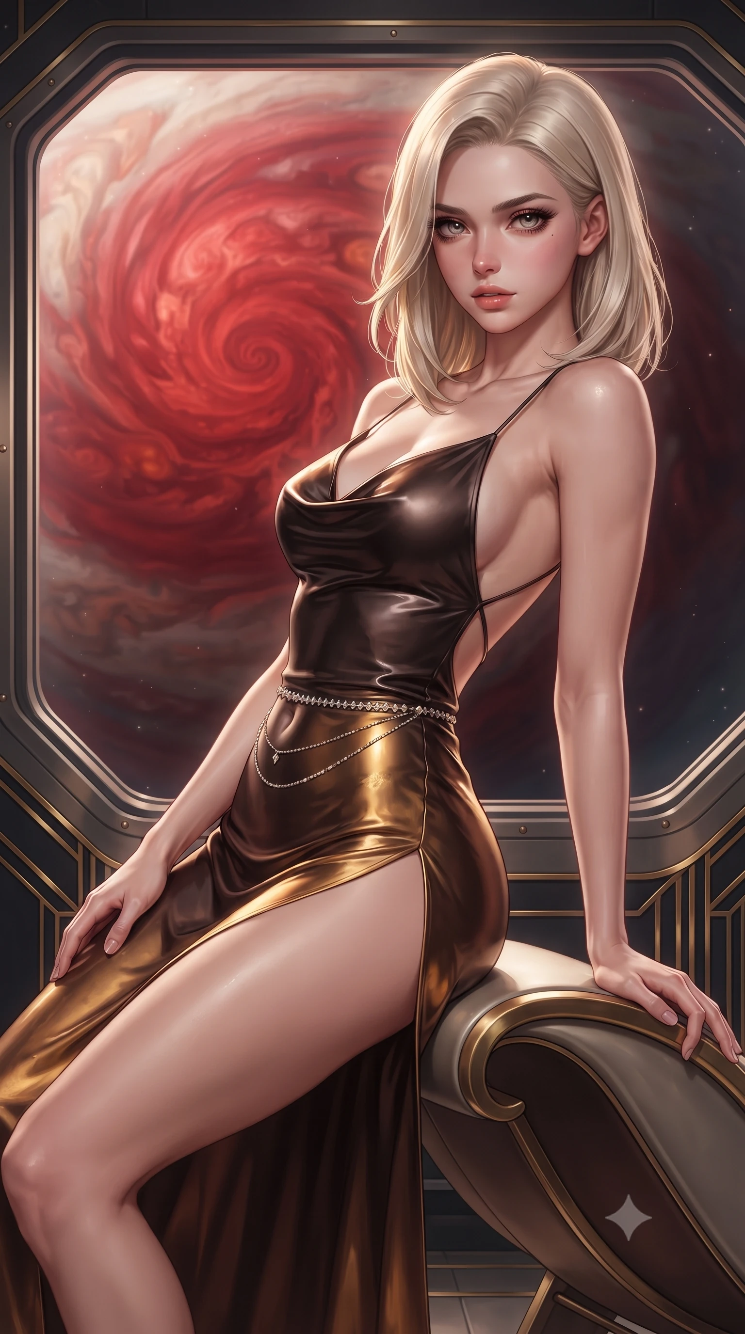 score_9, masterpiece, best quality, ultra-detailed, high-budget anime keyframe, editorial fashion photography, tasteful artistic composition, Caucasian woman. close-up cowboy shot from the waist and thighs up, the character dominates the composition, filling the frame with her large presence. leaning back with relaxed seductive grace, her sculpted collarbones and narrow waist highlighted as she casts smoldering bedroom-eyes directly into the camera while perching on the rim of a curved titanium-and-brass art deco lounger, arching her lower back as the colossal crimson swirl of Jupiter's Great Red Spot fills the panoramic viewport. The surrounding environment is rendered in vivid detail and crisp panoramic clarity. sharp quartz viewport frame rivets, art deco brass railing inlays, and Jupiter cloud vortex filament clarity in deep focus. She has an exceptionally elegant, slender, and willowy female figure with an ultra-slim waist, flat toned midriff, narrow ribcage, and sculpted feminine hips creating an alluring, slim hourglass silhouette without bulk. sharp v-shaped jawline, high-bridge nose, intricate jewel-like eyes with depth, thick eyelashes, glossy parted lips with a natural sheen, intensely captivating and seductive bedroom-eyes expression, flawlessly proportioned anatomical accuracy, strict slender model proportions, natural body alignment, perfectly sculpted long slender limbs, ultra-slim waistline, clean dynamic posture without body distortion. wearing a backless cowl-neck satin slip dress featuring high-cut side hip slits and delicate criss-cross back straps in dark espresso brown and molten gold foil, tailored from second-skin aerodynamic stretch vinyl with specular wet sheen, accented with a dainty diamond waist chain catching the ambient light reflections, the second-skin form-contouring cut accentuating her sculpted flat midriff, narrow delicate ribcage, and gracefully curvy hips with supermodel precision. illuminated by crisp directional star shine sharply defining her sculpted collarbones, ultra-slim waist, and curvy hips. ultra-reflective glossy finish, specular highlights, rich textural contrasts, high-contrast stereoscopic depth, volumetric dynamic lighting, 2k, ultra detail, master piece, 9:16 ratio