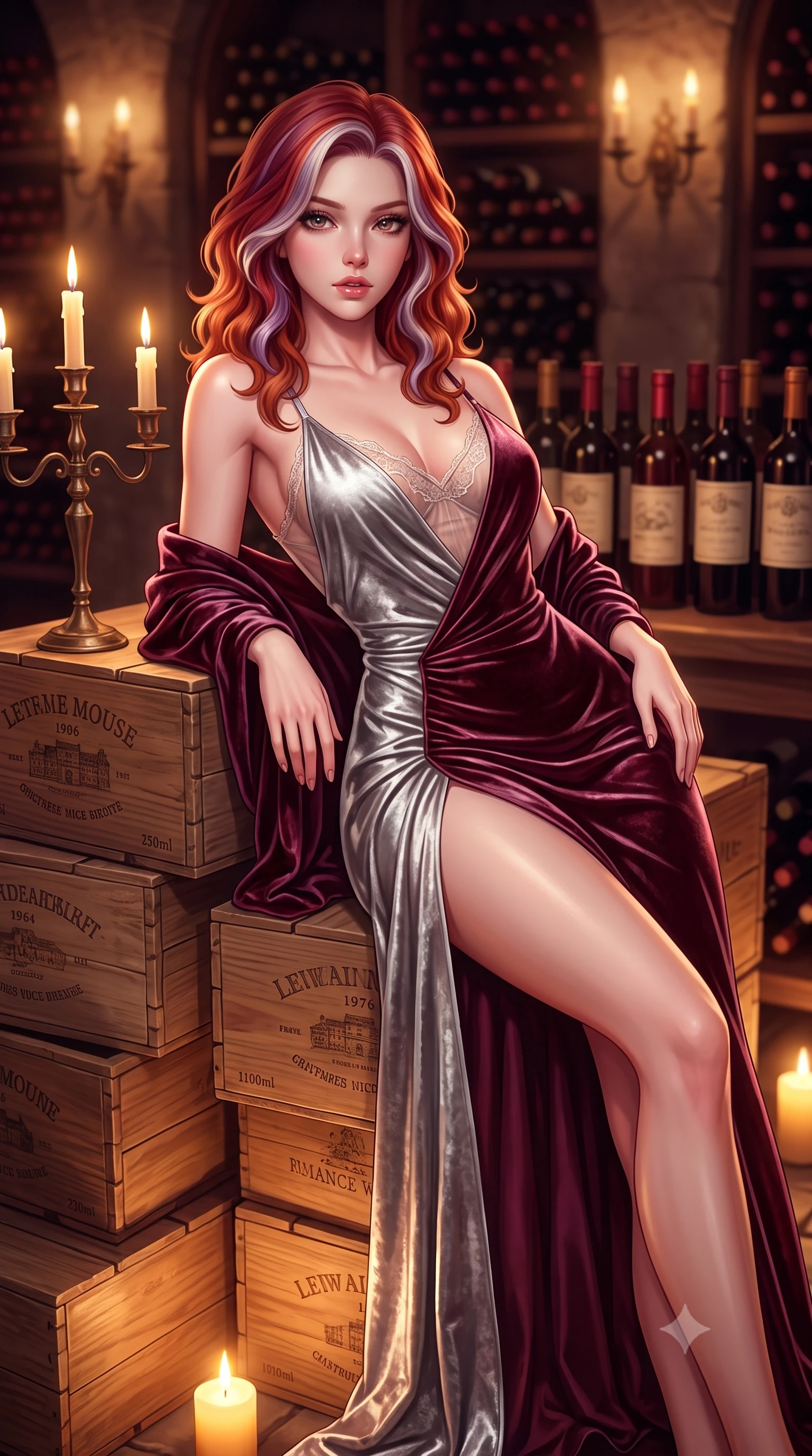 score_9, masterpiece, best quality, ultra-detailed, high-budget anime keyframe, semi-realistic 3D game render, editorial fashion photography, tasteful artistic composition, Caucasian woman. close-up cowboy shot from the waist and thighs up, the character dominates the composition, filling the frame with her large presence. leaning back with relaxed seductive grace, her sculpted collarbones and narrow waist highlighted as she casts smoldering bedroom-eyes directly into the camera while reclining languidly atop stacked antique wine crates propped on one elbow, her curvy hips and long slender legs creating a breathtaking line in the candlelit cellar. The composition keeps background elements in soft focus with creamy bokeh. thousands of dusty vintage wine bottles and flickering wall sconces blurred into deep ruby, warm amber, and aged burgundy bokeh. She has an exceptionally elegant, slender, and willowy female figure with an ultra-slim waist, a gracefully sculpted slender torso, toned flat midriff, and rounded feminine hips creating an alluring hourglass silhouette. sharp v-shaped jawline, high-bridge nose, intricate jewel-like eyes with depth, thick eyelashes, glossy parted lips with a natural sheen, intensely captivating and seductive bedroom-eyes expression, flawlessly proportioned anatomical accuracy, strict slender model proportions, natural body alignment, perfectly sculpted long slender limbs, ultra-slim waistline, clean dynamic posture without body distortion. wearing a sheer vintage lace-trimmed slip dress layered under a sweeping silk velvet robe with high leg cut in shimmering silver mercury and wine burgundy, crafted from heavyweight crushed silk velvet with liquid vintage luster, complemented by a plush velvet shawl draped loosely over her elbows, the glove-like aerodynamic silhouette tightly following the natural contour of her hips and long slender legs with statuesque precision. bathed in warm flickering candlelight from antique candelabras and soft amber floor uplights. highly saturated vibrant anime colors, detailed shading with soft gradients, rich glossy textures, high-contrast stereoscopic depth, volumetric dynamic lighting, master piece, 9:16 ratio