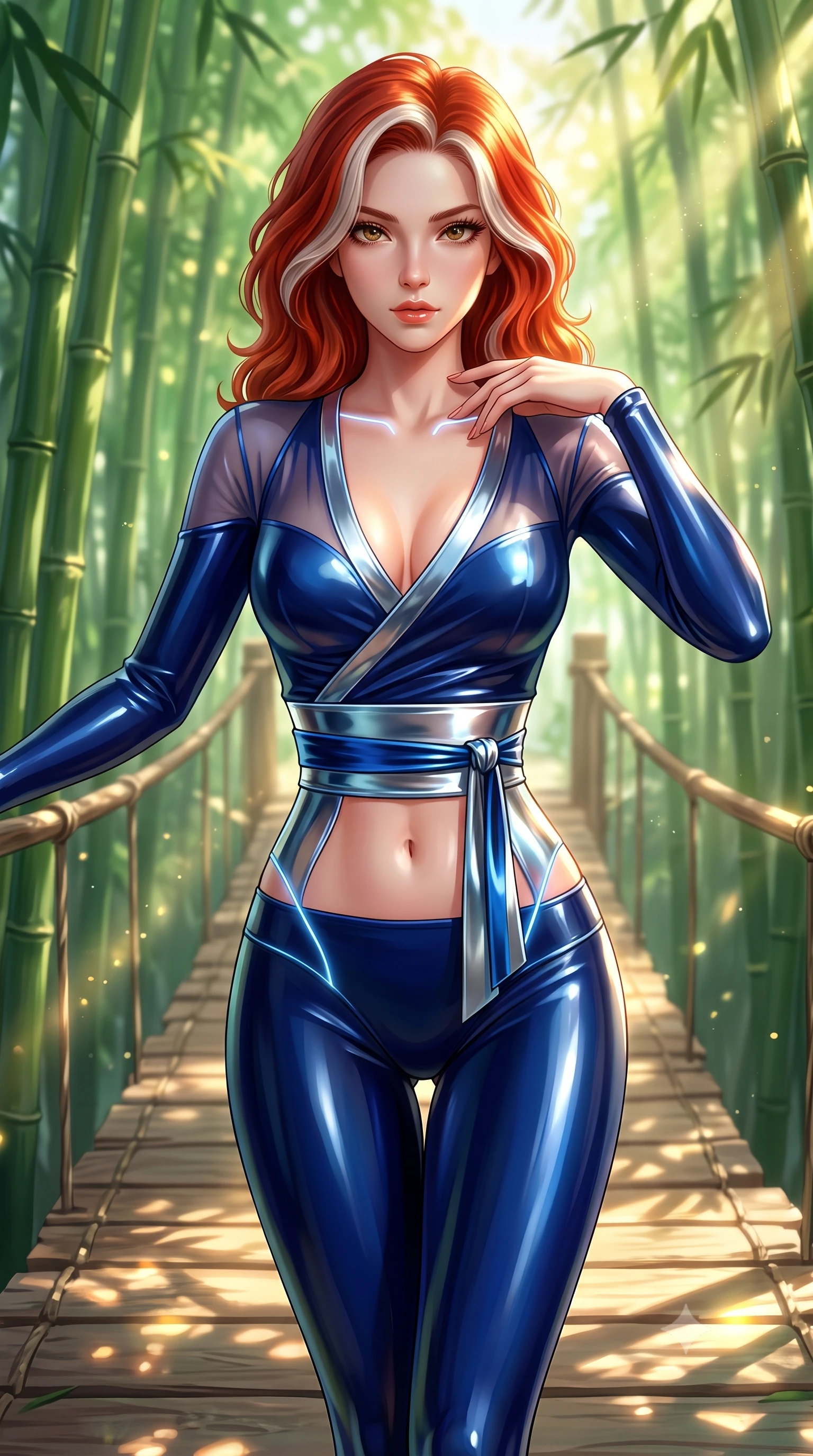 score_9, masterpiece, best quality, ultra-detailed, high-budget anime keyframe, semi-realistic 3D game render, editorial fashion photography, tasteful artistic composition, Caucasian woman. close-up cowboy shot from the waist and thighs up, the character dominates the composition, filling the frame with her large presence. leaning forward with a dangerous, enticing smolder, resting one hand near her collarbone while casting a fiery, magnetic direct gaze while striding gracefully along a suspended cedar bridge winding through a sky-high bamboo grove catching radiant morning sunbeams. The composition keeps background elements in soft focus with creamy bokeh. warm sunbeams filtering through bamboo leaves scattering soft, dappled light patterns across the background. She has an exceptionally elegant, slender, and willowy female figure with an ultra-slim waist, a gracefully sculpted slender torso, toned flat midriff, and a refined slim silhouette. sharp v-shaped jawline, high-bridge nose, intricate jewel-like eyes with depth, thick eyelashes, glossy lips with a natural sheen, flawlessly proportioned anatomical accuracy, strict slender model proportions, natural body alignment, perfectly sculpted long slender limbs, ultra-slim waistline, clean dynamic posture without body distortion. wearing a shortened cyber-fusion wrap top with transparent chiffon panels, a deep crossover neckline, and a high-waisted metallic sash that accentuates her ultra-slim waist in deep royal navy blue and specular chrome, crafted from ultra-reflective second-skin latex with a high-gloss glass-like polish, accented with glowing fiber-optic seams tracing her collarbones and hip curves, the glove-like aerodynamic second-skin fit tightly clinging to her ultra-slender waist and athletic curves without adding bulk, accentuating her razor-sharp statuesque lines and slim hourglass silhouette. bathed in bright morning sunbeams filtering through emerald bamboo canopies. highly saturated vibrant anime colors, detailed shading with soft gradients, rich glossy textures, high-contrast stereoscopic depth, volumetric dynamic lighting, master piece, 9:16 ratio