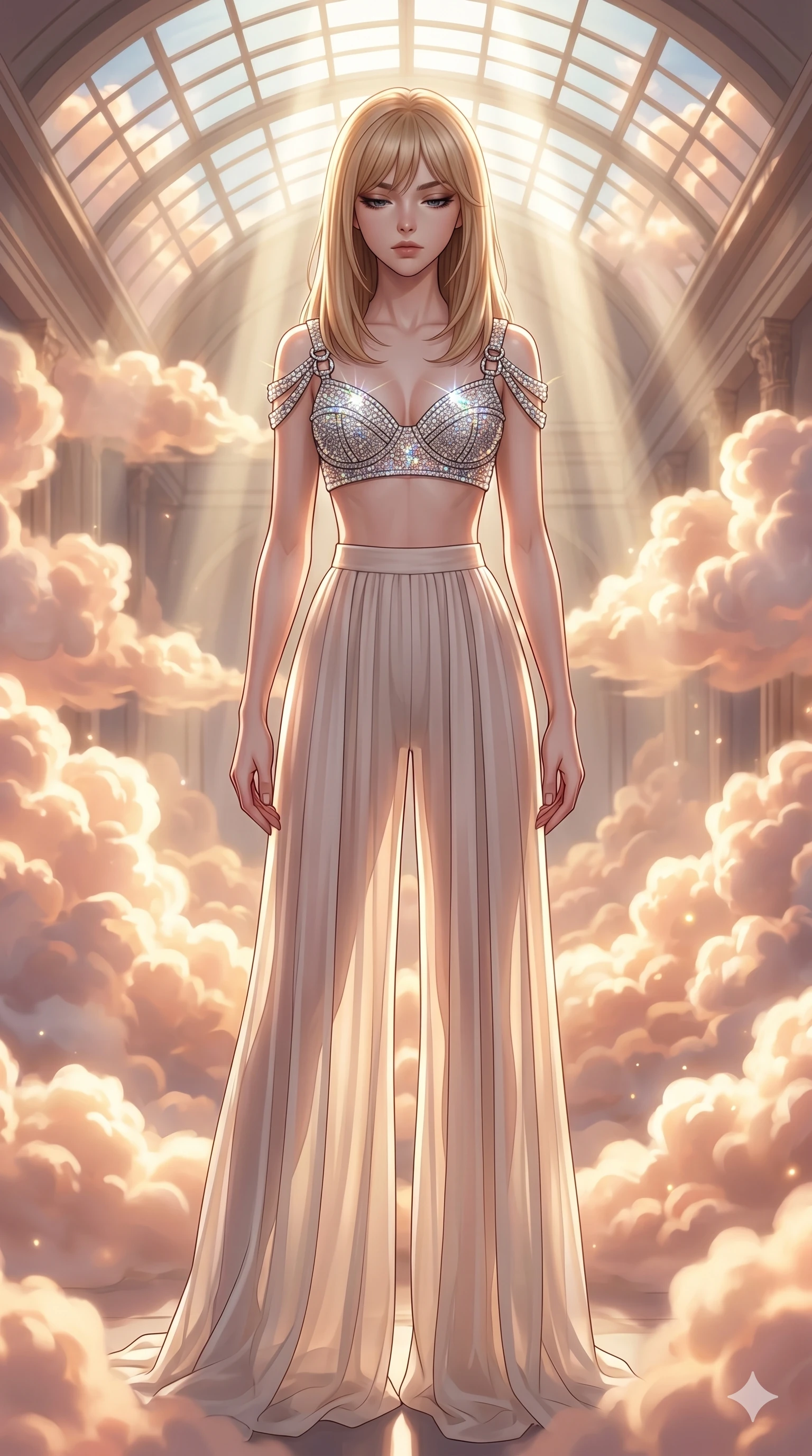 score_9, masterpiece, best quality, ultra-detailed, high-budget anime keyframe, editorial fashion photography, tasteful artistic composition, Japanese woman. cowboy shot from the thighs up, character and outfit filling the frame for maximum editorial presence. Looking down with lowered lashes and a composed, powerful expression inside a luminous cloud palace where cumulus formations glow with amber and rose from within. She has an absolutely perfect 8-heads proportion, an exceptionally tall and slender female figure with impossibly long slender legs and an ultra-slim waist. V-shaped jawline, high-bridge nose, intricate jewel-like eyes with depth, thick eyelashes, glossy lips with a natural sheen. wearing a hand-embellished crystal bralette top with architectural structured cups covered in Swarovski crystal and bold shoulder hardware, paired with flowing wide-leg palazzo trousers in semi-opaque over-liner chiffon. drenched in cinematic god-ray sunlight descending from a vaulted glass ceiling, illuminating her form. 2k, ultra detail, master piece, 9:16 ratio