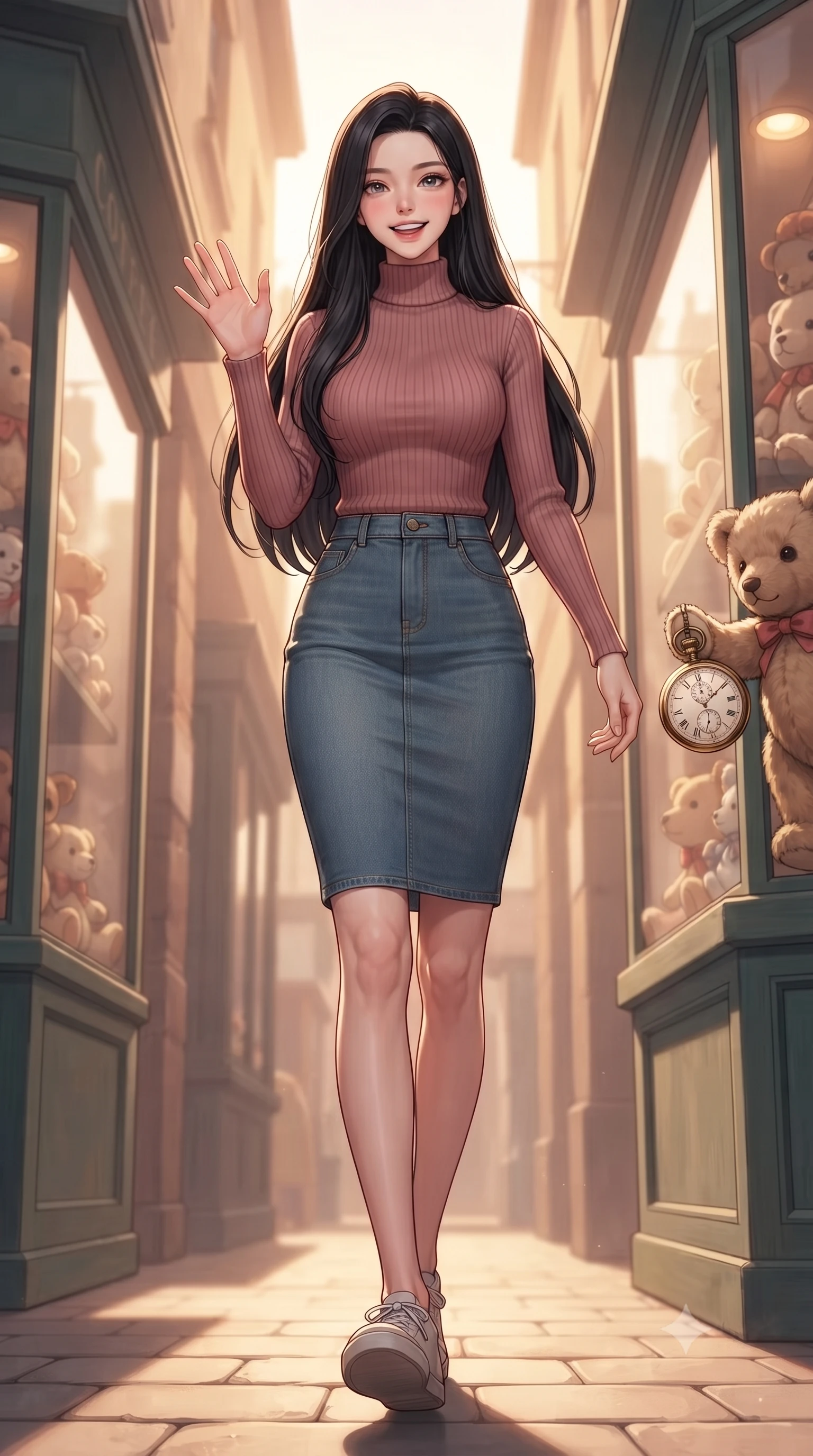 score_9, masterpiece, best quality, ultra-detailed, high-budget anime keyframe, editorial fashion photography, tasteful artistic composition, Korean woman. low angle full-body shot from head to toe showing her feet, filling the entire 9:16 vertical frame with her statuesque presence, stretching her vertical silhouette. stepping forward with a bright, cheerful smile, waving happily at the viewer set against a soft-focus background of outside a retro toy boutique with cute window displays of stuffed animals holding a vintage brass pocket watch with a curious, playful look. She has an absolutely perfect, statuesque 8.5-heads proportion, an exceptionally tall and slender model-like female figure with impossibly long slender legs and an ultra-slim waist. sharp v-shaped jawline, high-bridge nose, intricate jewel-like eyes with depth, thick eyelashes, glossy lips with a natural sheen. wearing slim-fit form-fitting ribbed knit turtleneck in dusty rose, tucked into a slim denim pencil skirt. warm afternoon sunlight filtering down between the narrow alley buildings. ultra-reflective glossy finish, specular highlights, metallic sheen, high-contrast stereoscopic depth, volumetric dynamic lighting, 2k, ultra detail, master piece, 9:16 ratio
