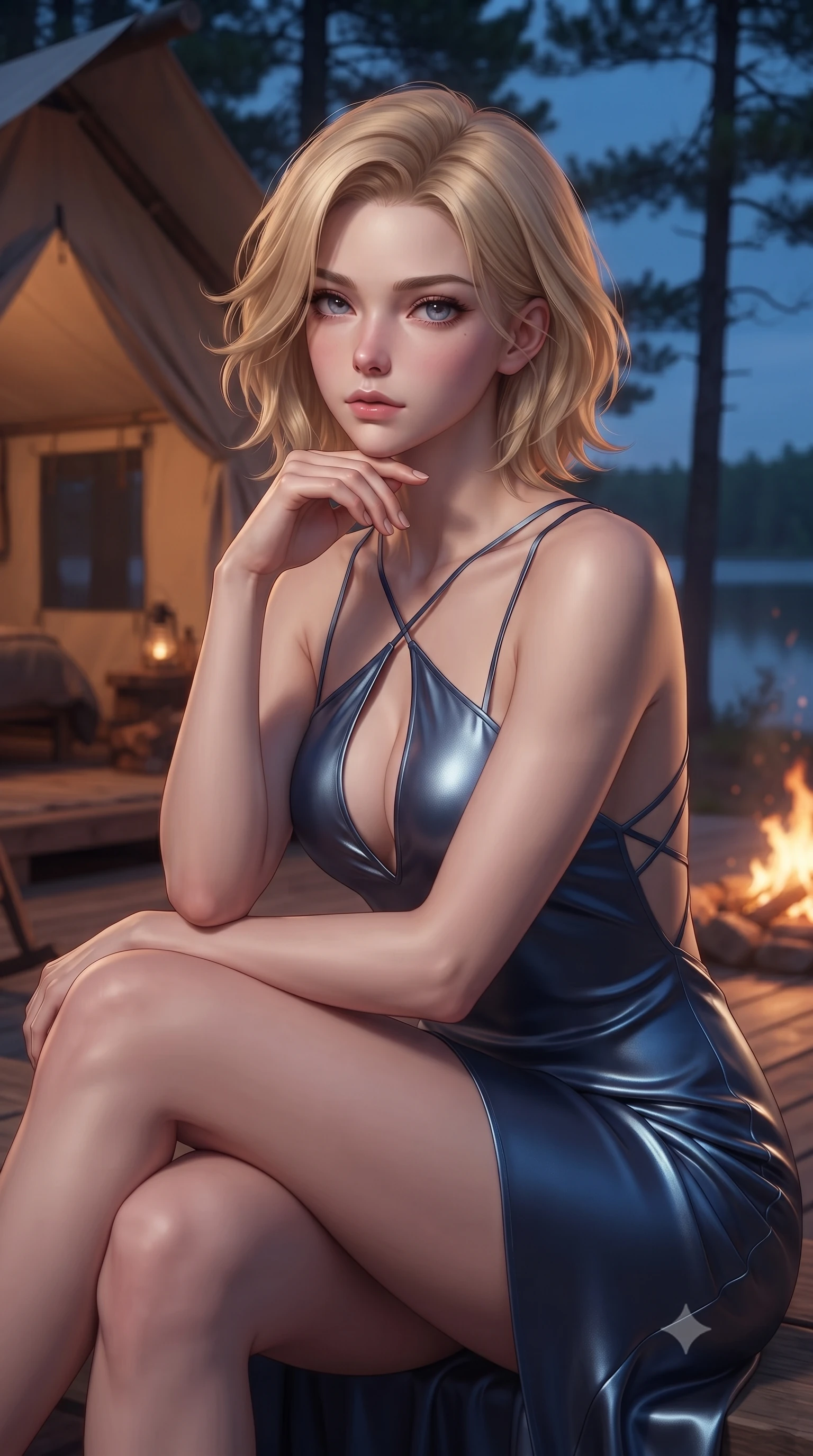 score_9, masterpiece, best quality, ultra-detailed, high-budget anime keyframe, editorial fashion photography, tasteful artistic composition, Caucasian woman woman. close-up cowboy shot from the waist and thighs up, the character dominates the composition, filling the frame with her large presence, background elements kept in soft focus. She has an exceptionally elegant, slender, and willowy female figure with an ultra-slim waist, a gracefully sculpted slender torso, and a refined silhouette. resting her chin on the back of her fingers in a thoughtful and effortless pose, flawlessly proportioned anatomical accuracy, natural body alignment, perfectly sculpted elegant limbs, clean dynamic posture without body distortion. set against a soft-focus background of a luxury canvas tent deck overlooking a quiet pine lake at dusk. wearing a plunging keyhole neck silk slip dress with an open-back design and cross-strap detailing. bathed in warm campfire glow contrasting with the deep twilight blue night sky. ultra-reflective glossy finish, specular highlights, metallic sheen, high-contrast stereoscopic depth, volumetric dynamic lighting, 2k, ultra detail, master piece, 9:16 ratio