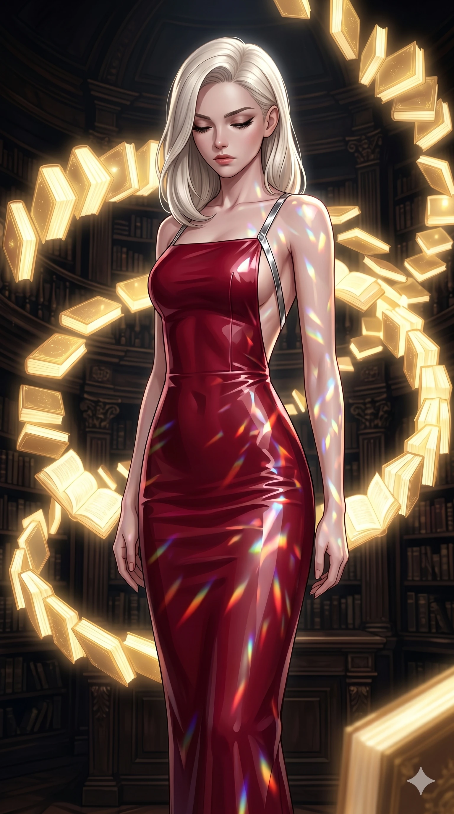 score_9, masterpiece, best quality, ultra-detailed, high-budget anime keyframe, editorial fashion photography, tasteful artistic composition, Caucasian woman, strictly human ears. cowboy shot from the thighs up, character and outfit filling the frame for maximum editorial presence. Looking down with lowered lashes and a composed, powerful expression amidst a baroque library where glowing golden books orbit in slow spiral patterns. She has an absolutely perfect 8-heads proportion, an exceptionally tall and slender female figure with impossibly long slender legs and an ultra-slim waist. V-shaped jawline, high-bridge nose, intricate jewel-like eyes with depth, thick eyelashes, glossy lips with a natural sheen. wearing a structured deep-cherry-red fashion-latex fitted dress with a clean architectural front and a dramatic open-back design with a single criss-cross strap in chrome across the open-back design. lit by mirror-reflected prismatic spotlights creating geometric light patterns that play across her body. 2k, ultra detail, master piece, 9:16 ratio