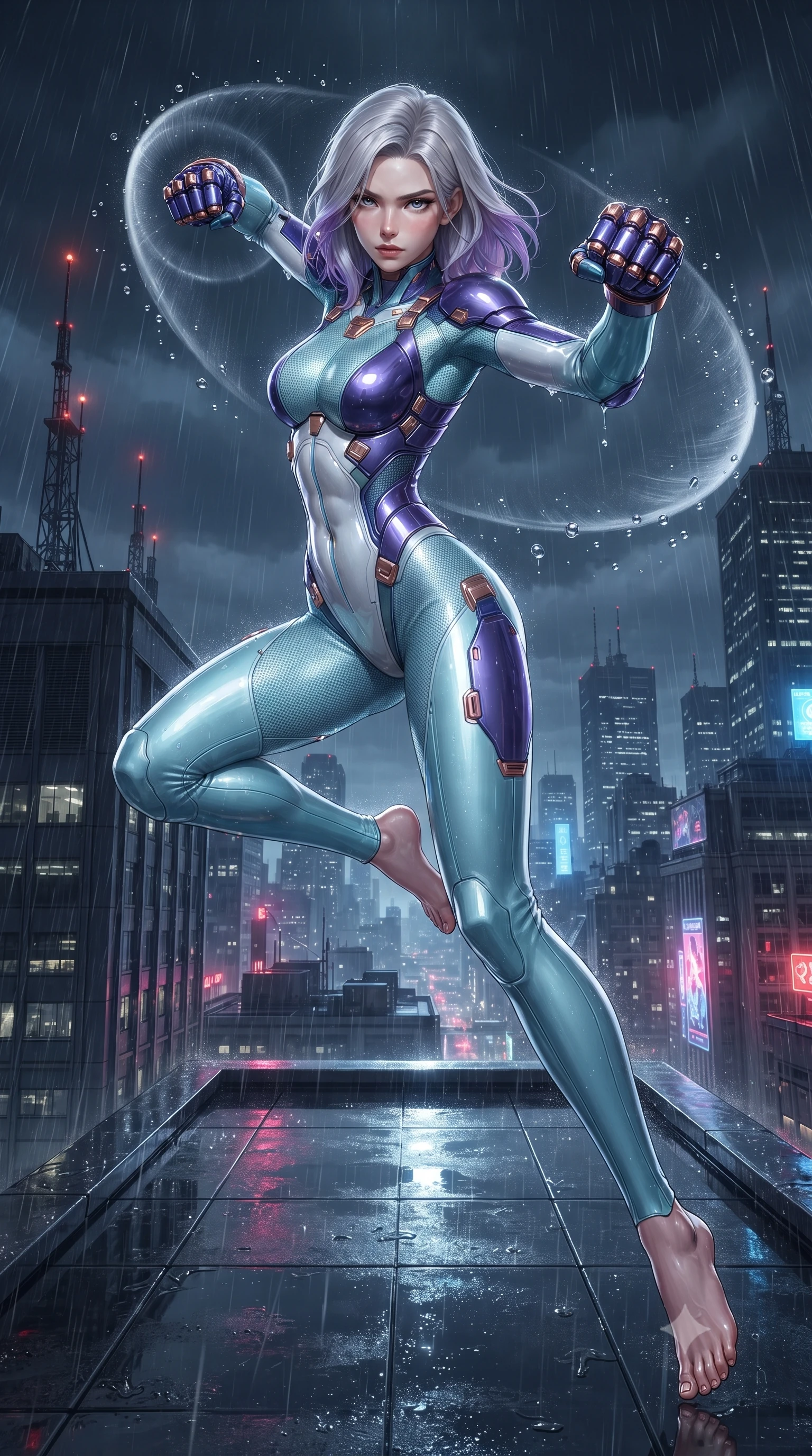 score_9, masterpiece, best quality, ultra-detailed, high-budget anime keyframe, editorial fashion photography, tasteful artistic composition, Caucasian woman. low angle full-body shot from head to toe showing her feet, filling the entire 9:16 vertical frame with her statuesque presence, stretching her vertical silhouette. leaping into mid-air with an athletic yet alluring arch of her spine, driving a downward kinetic strike surrounded by a ring of displaced air while delivering a lightning-fast kinetic punch on a rain-swept skyscraper rooftop, generating a visible conical air-distortion shockwave. The surrounding environment is rendered in vivid detail and crisp panoramic clarity. intricate Damascus-pattern carbon knuckle plating, skyscraper antenna beacons, and neon reflections in high clarity. She has an absolutely perfect, statuesque 8.5-heads proportion, an exceptionally tall and slender model-like female figure with impossibly long slender legs, a toned flat midriff, and an ultra-slim waist. sharp v-shaped jawline, high-bridge nose, intricate jewel-like eyes with depth, thick eyelashes, glossy lips with a natural sheen, flawlessly proportioned anatomical accuracy, strict slender model proportions, natural body alignment, perfectly sculpted long slender limbs, ultra-slim waistline, clean dynamic posture without body distortion. wearing an ultra-sleek glacial-cyan and white carbon-mesh combat bodysuit with frost-resistant kinetic shock-absorber plating in royal purple carbon fiber with rose-gold hardware and clasps, formed from high-gloss patent carbon-plating with specular chiaroscuro reflections, finished with high-mobility flexible limb seams and miniature magnetic armor locks, the form-contouring material adhering flawlessly to her sculpted flat midriff and slender torso, emphasizing her long leg lines and perfectly proportioned willowy build. illuminated by crisp white key lighting with sharp specular highlights tracing her sculpted flat midriff and waist. ultra-reflective glossy finish, specular highlights, dark metallic sheen, high-contrast stereoscopic depth, volumetric dynamic lighting, 2k, ultra detail, master piece, 9:16 ratio
