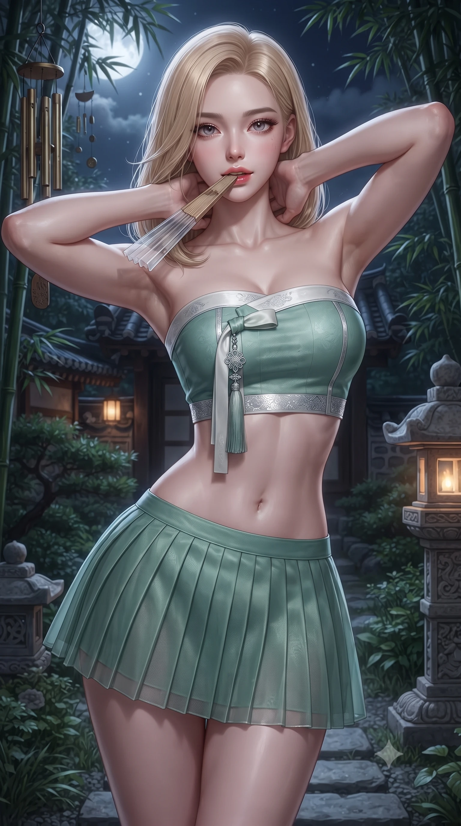 score_9, masterpiece, best quality, ultra-detailed, high-budget anime keyframe, editorial fashion photography, tasteful artistic composition, Korean woman. close-up cowboy shot from the waist and thighs up, the character dominates the composition, filling the frame with her large presence. resting both hands lightly behind her neck with elbows raised, arching her spine to highlight her narrow waist, flat midriff, and breathtaking collarbones while twisting her slender torso in an alluring S-curve, dappled silver moonlight tracing her form-fitting outfit and curvaceous hips. The surrounding environment is rendered in vivid detail and crisp panoramic clarity: sharp bamboo node textures, hanging brass chime details, and stone lantern carving relief in deep focus. She has an exceptionally elegant, slender, and willowy female figure with an ultra-slim waist, flat toned midriff, narrow ribcage, and sculpted feminine hips creating an alluring, slim hourglass silhouette without bulk. sharp v-shaped jawline, high-bridge nose, sparkling eyes with hypnotic seductive depth, thick curled eyelashes, glossy parted lips with a natural dewy peach sheen, alluring bedroom-eyes with an enchanting coquettish smile, exuding magnetic siren charisma and sophisticated glamour, flawlessly proportioned anatomical accuracy, strict slender model proportions, natural body alignment, perfectly sculpted long slender limbs, ultra-slim waistline, clean dynamic posture without body distortion. wearing a modern strapless boned hanbok bustier with traditional norigae tassel accents paired with a micro-pleated silk mini skirt in moonlit jade green and pure alabaster white with silver accents, made of semi-opaque stretch illusion mesh with soft shadowy contours, finished with a transparent silk folding fan held gracefully near her glossy parted lips, the liquid-tight tailored fabric clinging flawlessly to her narrow waist and rounded feminine hips, emphasizing every millimeter of her sculpted slim hourglass curves without any bulky heaviness. illuminated by soft lantern warm fill and sharp silvery rim lighting defining her collarbones, flat midriff, and curvaceous hips. ultra-reflective glossy finish, specular highlights, rich textural contrasts, high-contrast stereoscopic depth, volumetric dynamic lighting, 2k, ultra detail, master piece, 9:16 ratio