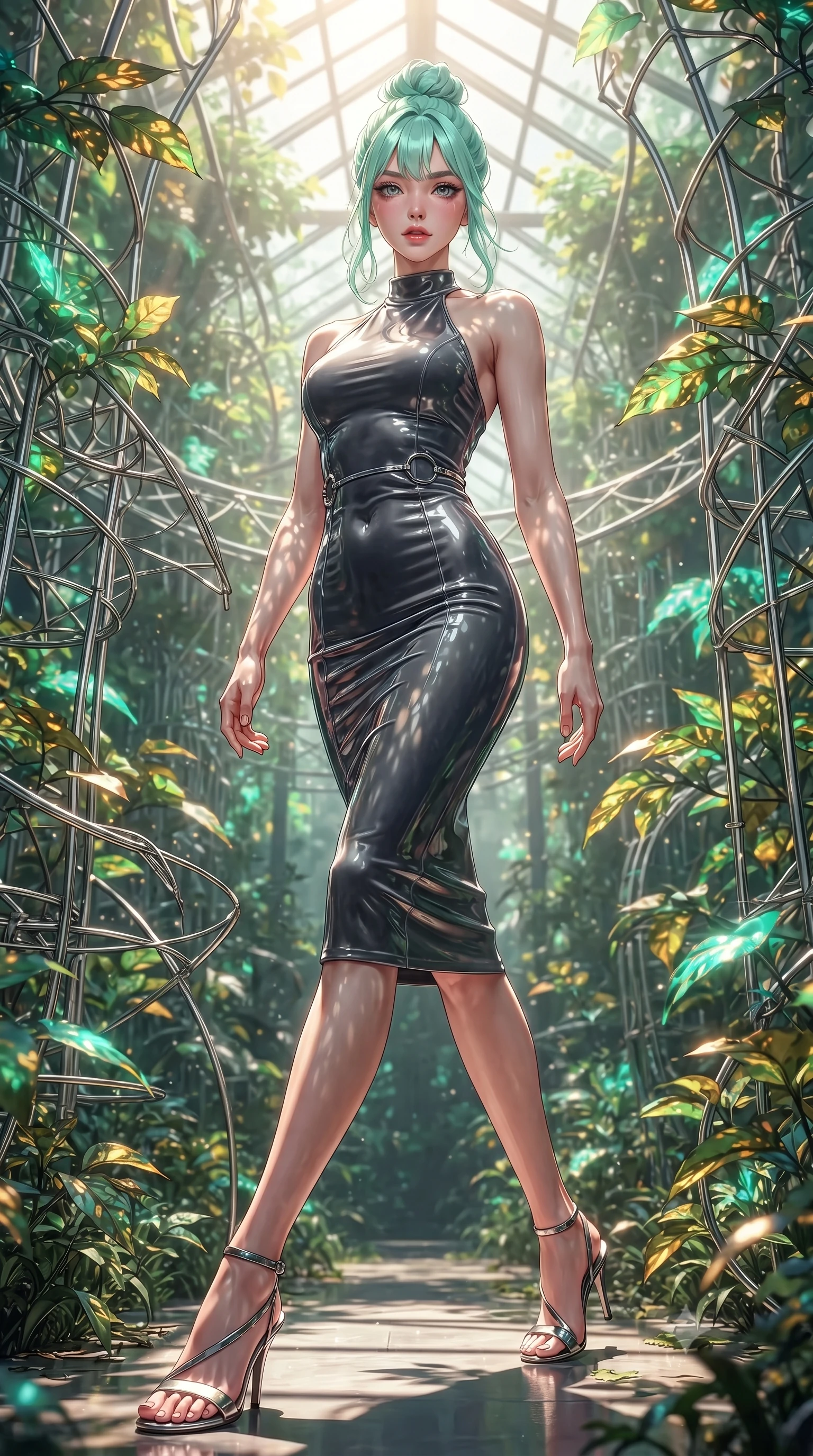 score_9, masterpiece, best quality, ultra-detailed, high-budget anime keyframe, editorial fashion photography, tasteful artistic composition, Japanese woman. low angle full-body shot from head to toe showing her feet, filling the entire 9:16 vertical frame with her statuesque presence, stretching her vertical silhouette. forging dynamically through the scene, her vertical silhouette beautifully stretched forging through an overgrown greenhouse filled with platinum wire lattices, dewdrops on bioluminescent leaves reflecting vibrant emerald and gold. She has an absolutely perfect, statuesque 8.5-heads proportion, an exceptionally tall and slender model-like female figure with impossibly long slender legs and an ultra-slim waist. sharp v-shaped jawline, high-bridge nose, intricate jewel-like eyes with depth, thick eyelashes, glossy lips with a natural sheen. wearing a velvet halter-neck midi dress following her form like a glove in charcoal grey and platinum, tailored from high-gloss patent leather, accented with delicate chrome ring hardware framing her waist, the form-contouring material highlighting her ultra-slim waist and long lines. illuminated by brilliant sunbeams casting organic leaf stencil shadows. ultra-reflective glossy finish, specular highlights, metallic sheen, high-contrast stereoscopic depth, volumetric dynamic lighting, 2k, ultra detail, master piece, 9:16 ratio