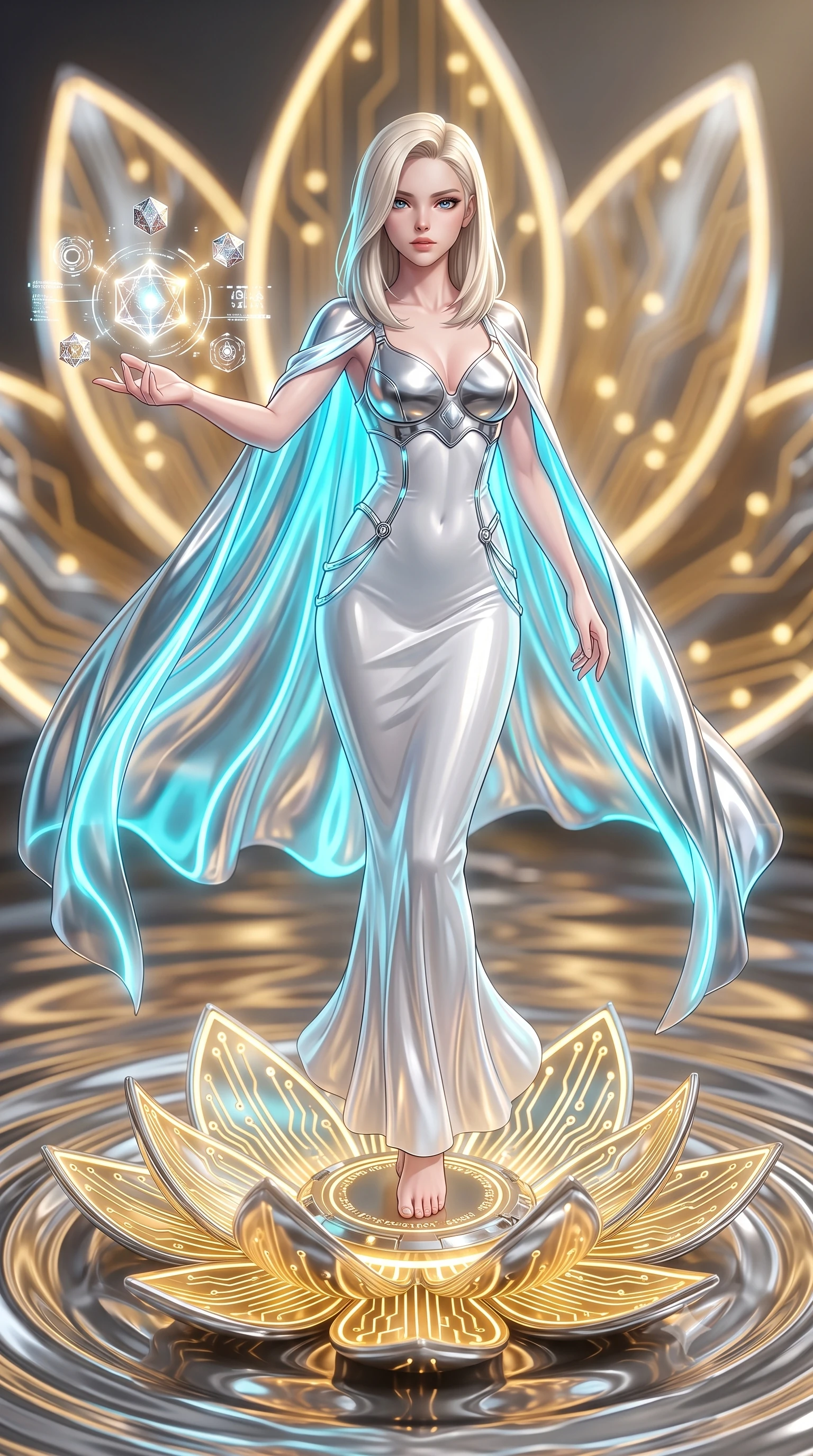 score_9, masterpiece, best quality, ultra-detailed, high-budget anime keyframe, semi-realistic 3D game render, editorial fashion photography, tasteful artistic composition, Caucasian woman. close-up cowboy shot from the waist and thighs up, the character dominates the composition, filling the frame with her large presence. extending one arm gracefully as floating holographic glyphs and nano-crystals orbit her fingertips with sovereign power while standing with sovereign poise atop a gigantic glowing gold and chrome circuit lotus floating in a pool of liquid mercury. The composition keeps background elements in soft focus with creamy bokeh. giant glowing circuit lotus petals and swirling mercury ripples blurred into rich golden and chrome bokeh. She has an exceptionally elegant, slender, and willowy female figure with an ultra-slim waist, a gracefully sculpted slender torso, toned flat midriff, and a refined slim silhouette. sharp v-shaped jawline, high-bridge nose, intricate jewel-like eyes with depth, thick eyelashes, glossy lips with a natural sheen, flawlessly proportioned anatomical accuracy, strict slender model proportions, natural body alignment, perfectly sculpted long slender limbs, ultra-slim waistline, clean dynamic posture without body distortion. wearing a form-contouring white liquid-mercury gown with polished silver biomechanical breastplate and flowing luminescent chiffon cape in polished mirror chrome and glowing electric cyan neon, made of smooth flowing silk chiffon that shifts colors with movement, reinforced by a sleek metallic chrome harness and delicate glowing micro-straps, the liquid-tight tailored fabric emphasizing every curve of her tall, slender model proportions and sculptured silhouette during dynamic movement. surrounded by an opulent, mystical, and sacredly sensual android goddess ambiance. rich saturated anime colors with glowing neon highlights, detailed shading with soft gradients, rich glossy textures, high-contrast stereoscopic depth, volumetric dynamic lighting, master piece, 9:16 ratio
