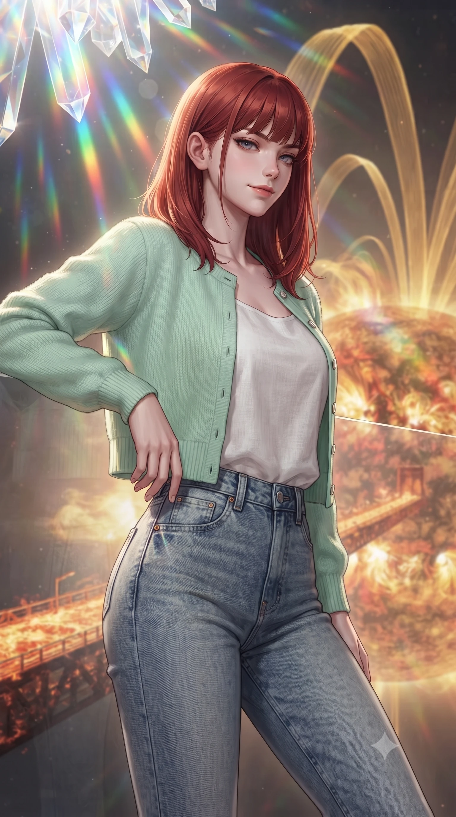 score_9, masterpiece, best quality, ultra-detailed, high-budget anime keyframe, editorial fashion photography, tasteful artistic composition, Caucasian woman, strictly human ears. close-up cowboy shot from the waist and thighs up, the character dominates the composition, filling the frame with her large presence, background elements kept in soft focus. Gazing past the camera with an air of effortless superiority. set against a soft-focus background of a bridge made of solidified solar plasma stretching across the blazing corona of the sun with heat shimmer distorting the view and enormous magnetic field lines arcing overhead like golden ribbons. She has an exceptionally elegant and slender, willowy female figure with an ultra-slim waist, a gracefully sculpted slender torso, and a refined slim physique. sharp v-shaped jawline, high-bridge nose, intricate jewel-like eyes with depth, thick eyelashes, glossy lips with a natural sheen. wearing a pastel mint green cropped cardigan over a white linen top, paired with high-waisted washed blue jeans. cascading rainbow prismatic light refracting through crystal formations overhead. 2k, ultra detail, master piece, 9:16 ratio
