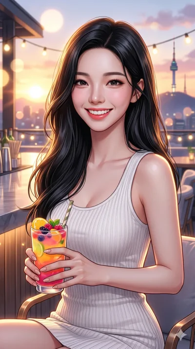 score_9, score_8_up, score_7_up, source_anime, masterpiece, best quality, ultra-detailed, same character with long flowing black hair, wearing a tight white ribbed tank top, upper body close-up from thigh up filling the screen, holding a colorful fru
