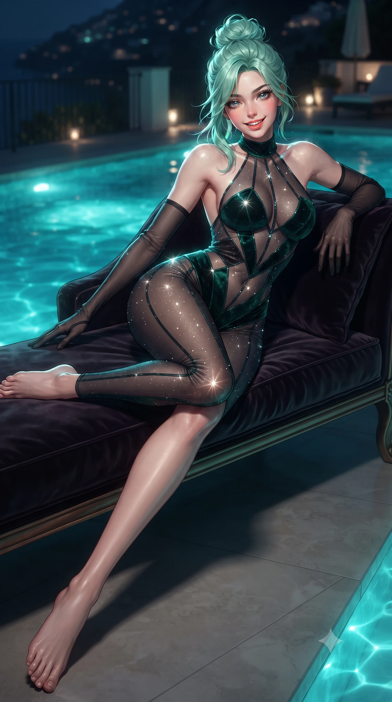 score_9, masterpiece, best quality, ultra-detailed, high-budget anime keyframe, editorial fashion photography, tasteful artistic composition, Japanese woman. low angle full-body shot from head to toe showing her feet, filling the entire 9:16 vertical frame with her statuesque presence, stretching her vertical silhouette. reclining gracefully across the plush chaise lounge with one leg extended, her sculpted silhouette and flat midriff radiating magnetic nocturnal glamour while twisting her slender torso in an alluring contrapposto stance, glowing turquoise pool caustics wrapping around her narrow waist and curvy hips. The background shows a soft-focus underwater pool LEDs softened in iconic Amalfi Coast luxury shallow focus. She has an exceptionally tall and slender model-like 8.5-heads proportion, an ultra-slim waist, a flat toned midriff, narrow delicate ribcage, and beautifully sculpted feminine hips creating a graceful, slim hourglass silhouette without any bulky heaviness, with impossibly long slender legs. sharp v-shaped jawline, high-bridge nose, intricate jewel-like sparkling eyes with depth, thick eyelashes, glossy parted lips with a natural peach sheen, bright cheerful beaming smile with an enchanting and coquettish sensual glint, exuding both youthful cute charm and seductive allure, flawlessly proportioned anatomical accuracy, strict slender model proportions, natural body alignment, perfectly sculpted long slender limbs, ultra-slim waistline, clean dynamic posture without body distortion. wearing a provocative backless sheer illusion halter catsuit with strategic opaque geometric panels hugging her hourglass waist in Mayfair midnight noir and emerald velvet green, woven from stretch metallic lurex jersey casting radiant starlight glints across her curves, complemented by sheer opera-length evening gloves tracing her slender arms, the form-contouring silhouette accentuating her sculpted flat midriff, narrow delicate ribcage, and gracefully curvy hips with intoxicating allure. illuminated by water surface reflection bounce and sharp platinum-cyan rim lights defining her dewy collarbones, ultra-slim waist, and curvy hips. ultra-reflective glossy finish, specular highlights, rich textural contrasts, high-contrast stereoscopic depth, volumetric dynamic lighting, 2k, ultra detail, master piece, 9:16 ratio
