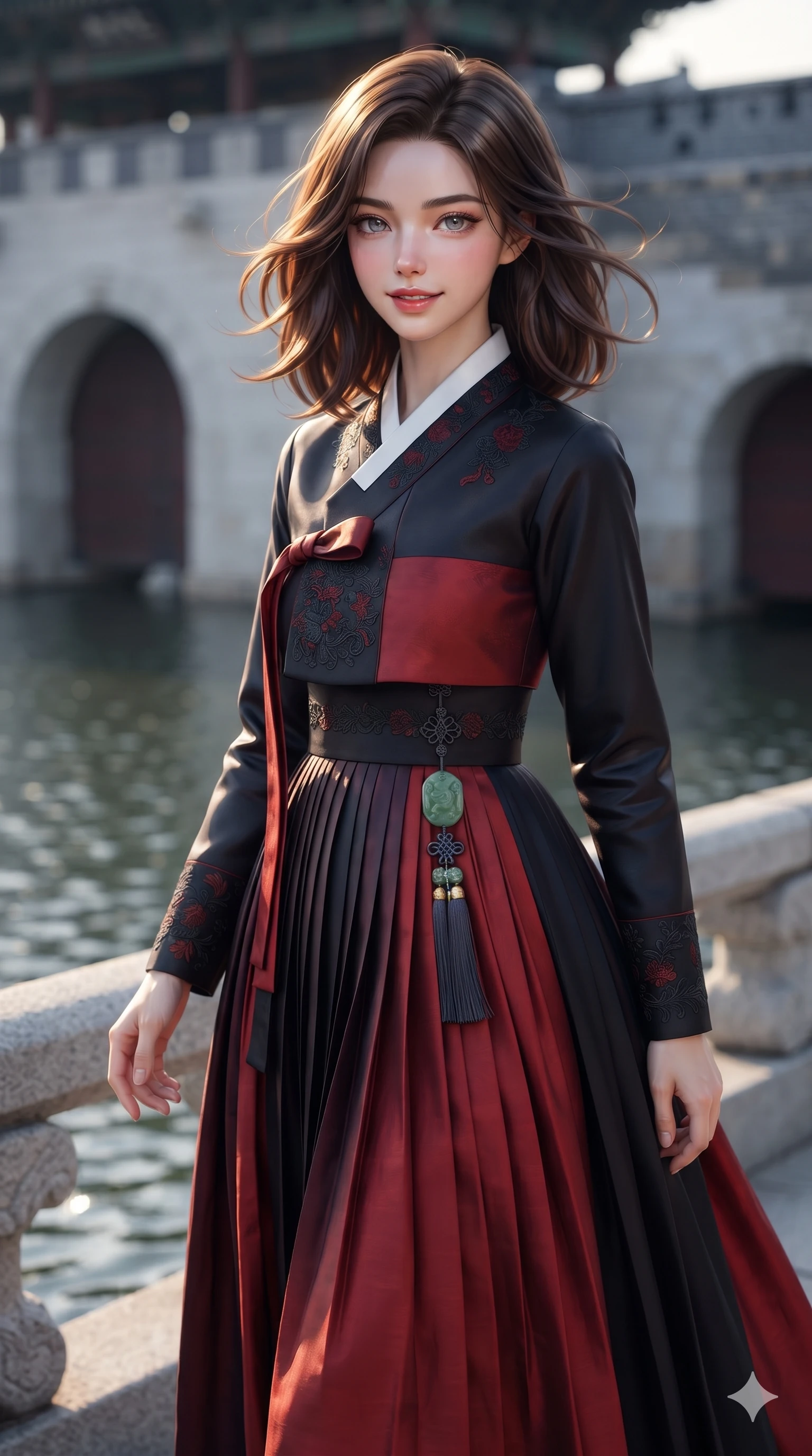 score_9, masterpiece, best quality, ultra-detailed, high-budget anime keyframe, editorial fashion photography, tasteful artistic composition, Korean woman. close-up cowboy shot from the waist and thighs up, the character dominates the composition, filling the frame with her large presence. turning slowly with an enchanting smoldering smile, her glossy hair tossing in the breeze as her hips angle gracefully in a captivating contrapposto while walking slowly along the palace moat balustrade with feline poise, her long slender legs and curvy hips commanding the frame. The background shows a soft-focus massive arched stone water gates, palace fortress walls, and rippling moat waters blurred into granite gray, cobalt, and gold bokeh. She has an exceptionally elegant, slender, and willowy female figure with an ultra-slim waist, flat toned midriff, narrow ribcage, and sculpted feminine hips creating an alluring, slim hourglass silhouette without bulk. sharp v-shaped jawline, high-bridge nose, sparkling eyes with hypnotic seductive depth, thick curled eyelashes, glossy parted lips with a natural dewy peach sheen, alluring bedroom-eyes with an enchanting coquettish smile, exuding magnetic siren charisma and sophisticated glamour, flawlessly proportioned anatomical accuracy, strict slender model proportions, natural body alignment, perfectly sculpted long slender limbs, ultra-slim waistline, clean dynamic posture without body distortion. wearing an elegant long-sleeve embroidered silk chima gown with a structured jeogori bodice and graceful pleated drape in midnight obsidian black and rich cinnabar red, tailored from heavy double-faced silk faille with an exceptionally fluid drape, finished with authentic carved jade pendants and traditional norigae knots, the bespoke structured tailoring following the natural line of her 8.5-heads silhouette with refined elegance. illuminated by moat water reflection bounce and sharp gold-cyan rim lights sculpting her razor-sharp jawline, narrow waist, and curvy hips. ultra-reflective glossy finish, specular highlights, rich textural contrasts, high-contrast stereoscopic depth, volumetric dynamic lighting, 2k, ultra detail, master piece, 9:16 ratio