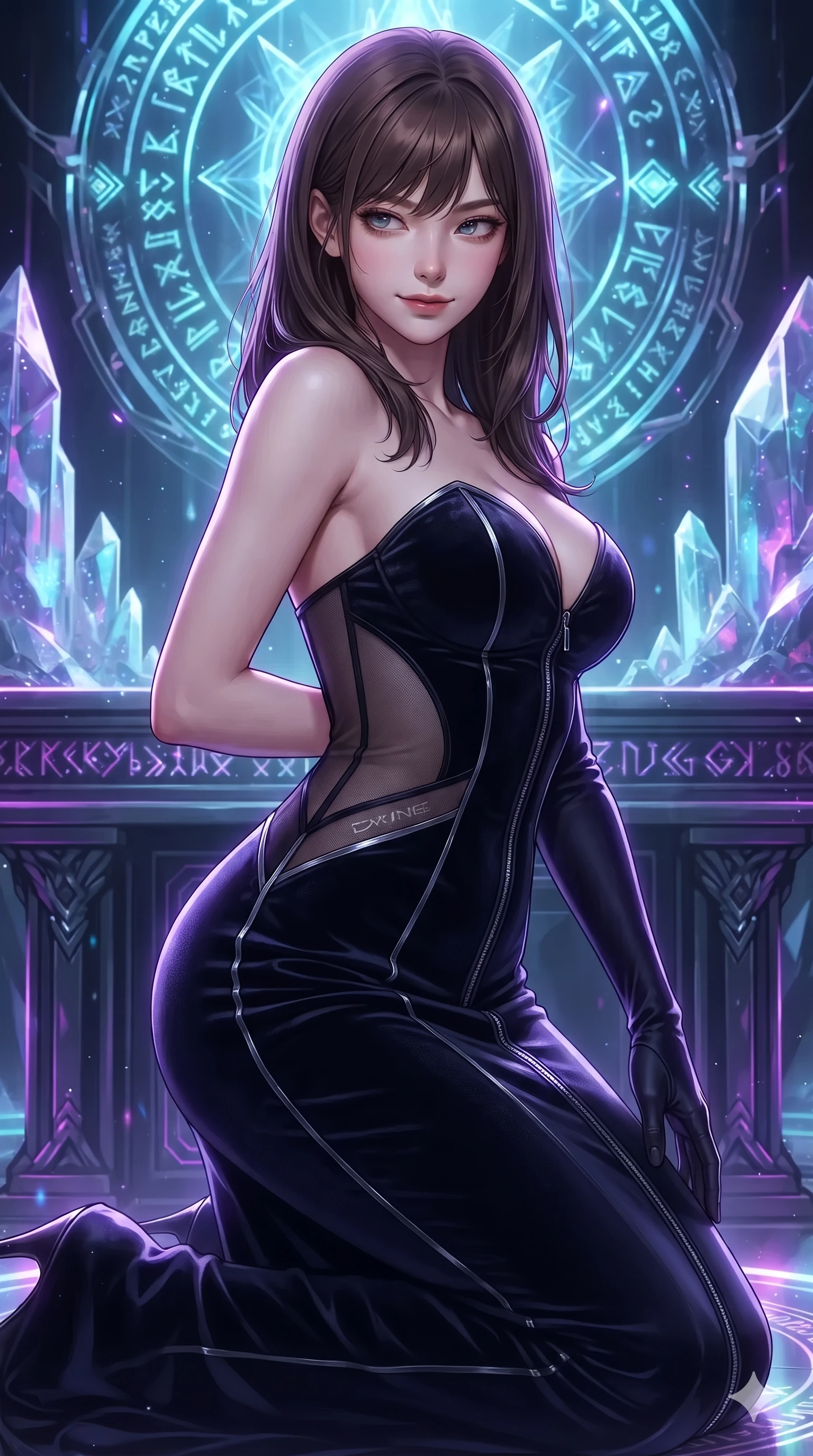 score_9, masterpiece, best quality, ultra-detailed, high-budget anime keyframe, editorial fashion photography, tasteful artistic composition, Korean woman. close-up cowboy shot from the waist and thighs up, the character dominates the composition, filling the frame with her large presence. glancing sidelong over her shoulder with a smoldering, enigmatic half-smile that commands the frame while kneeling on one knee beside the digital altar dais with hips angled toward the camera, her dark tailored fit highlighting her hourglass curves. The surrounding environment is rendered in vivid detail and crisp panoramic clarity: detailed gothic velvet bodice gown drape, silver zipper teeth, and cybernetic rune details in razor-sharp precision. She has an exceptionally elegant, slender, and willowy female figure with an ultra-slim waist, flat toned midriff, narrow ribcage, and sculpted feminine hips creating an alluring, slim hourglass silhouette without bulk. sharp v-shaped jawline, high-bridge nose, intricate jewel-like dark sparkling eyes with hypnotic seductive depth, thick curled eyelashes, glossy parted lips with a natural wine sheen, alluring bedroom-eyes with an enigmatic smoldering smile, exuding magnetic sovereign charisma and dark avant-garde glamour, flawlessly proportioned anatomical accuracy, strict slender model proportions, natural body alignment, perfectly sculpted long slender limbs, ultra-slim waistline, clean dynamic posture without body distortion. wearing an alluring plunging sweetheart bodice dress with sheer mesh side-waist cutouts contouring her ribs in liquid mercury chrome and smoky quartz, tailored from soft dark satin with subtle light-absorbing depth, finished with metallic silver boning and sleek zipper points, the glove-like silhouette tightly following the natural contour of her hips and long slender legs with youthful 8.5-heads elegance. illuminated by holographic ground circle upward bounce and sharp electric-violet rim lights sculpting her razor-sharp jawline, narrow waist, and curvy hips. ultra-reflective glossy finish, specular highlights, metallic sheen, high-contrast stereoscopic depth, volumetric dynamic lighting, 2k, ultra detail, master piece, 9:16 ratio