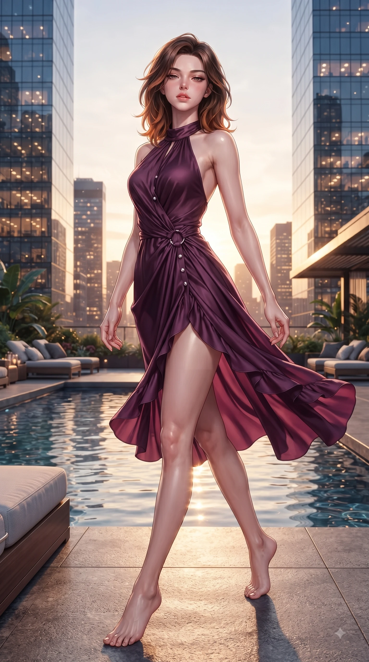 score_9, masterpiece, best quality, ultra-detailed, high-budget anime keyframe, editorial fashion photography, tasteful artistic composition, Korean woman. low angle full-body shot from head to toe showing her feet, filling the entire 9:16 vertical frame with her statuesque presence, stretching her vertical silhouette. Sensual alluring expression with smoldering intensity, half-closed bedroom eyes, and softly parted glossy lips while stepping gracefully onto an open-air rooftop lounge as golden sunset city lights twinkle. The surrounding environment is rendered in vivid detail and crisp panoramic clarity. glistening skyscraper glass facades, infinity pool water ripples, and crisp rooftop deck furniture in deep focus. She has an absolutely perfect, statuesque 8.5-heads proportion, an exceptionally tall and slender model-like female figure with impossibly long slender legs and an ultra-slim waist. sharp v-shaped jawline, high-bridge nose, intricate jewel-like eyes with depth, thick eyelashes, glossy lips with a natural sheen, flawlessly proportioned anatomical accuracy, natural body alignment, perfectly sculpted elegant limbs, clean dynamic posture without body distortion. wearing a rich plum purple halter-neck silk dress with silver ring hardware in deep amethyst purple and rose gold, woven from fine lightweight chiffon fluttering gracefully, accented with delicate pearl buttons and refined ruffle trims, the fluid drape swaying gracefully with her dynamic editorial movement. bathed in dramatic golden hour sunset glow and vibrant urban night lights. ultra-reflective glossy finish, specular highlights, metallic sheen, high-contrast stereoscopic depth, volumetric dynamic lighting, 2k, ultra detail, master piece, 9:16 ratio