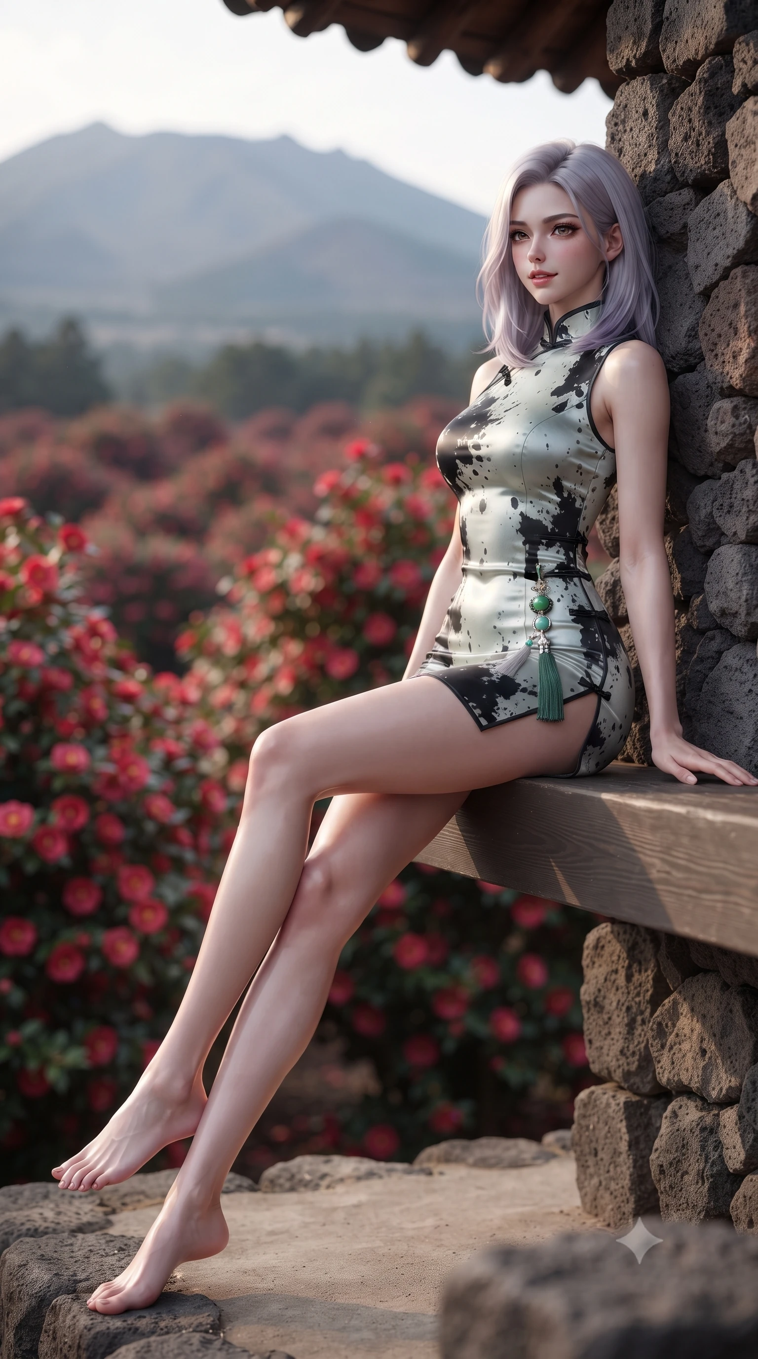 score_9, masterpiece, best quality, ultra-detailed, high-budget anime keyframe, editorial fashion photography, tasteful artistic composition, Caucasian woman. low angle full-body shot from head to toe showing her feet, filling the entire 9:16 vertical frame with her statuesque presence, stretching her vertical silhouette. sitting perched on the elevated pavilion terrace edge with legs crossed and hips angled toward the camera, displaying her toned midriff and long slender limbs with joyful, coquettish charm while leaning against a rustic basalt rock wall with hips cocked back, casting an alluring bedroom-gaze toward the distant Hallasan mountain peak. The background shows a soft-focus thousands of blooming crimson camellia flowers and distant volcanic Hallasan slopes blurred into ruby red, emerald, and azure bokeh. She has an absolutely perfect, statuesque 8.5-heads proportion, an exceptionally tall and slender model-like female figure with impossibly long slender legs, an ultra-slim waist, a flat toned midriff, narrow delicate ribcage, and beautifully sculpted feminine hips creating a graceful, slim hourglass silhouette without any bulky heaviness. sharp v-shaped jawline, high-bridge nose, intricate jewel-like dark sparkling almond eyes with depth, thick lashes, glossy parted lips with a natural rose-plum sheen, bright alluring and coquettish smile with bedroom-eyes, exuding both timeless oriental elegance and sovereign high-fashion allure, flawlessly proportioned anatomical accuracy, strict slender model proportions, natural body alignment, perfectly sculpted long slender limbs, ultra-slim waistline, clean dynamic posture without body distortion. wearing a form-contouring sleeveless turtleneck mini dress in liquid silk satin with subtle side hip ties and high slits in stark monochrome black and white ink contrast, tailored from smooth celadon raw silk with natural organic slub texture, finished with an ornate modern norigae tassel with polished jade and chrome charms resting on her curvy hips, the liquid-tight tailored silk fabric clinging flawlessly to her narrow waist and rounded feminine hips, emphasizing every millimeter of her sculpted slim hourglass curves without any bulky heaviness. illuminated by black stone bounce and sharp amber rim lights defining her sculpted collarbones, ultra-slim waist, and curvy hips. ultra-reflective glossy finish, specular highlights, rich textural contrasts, high-contrast stereoscopic depth, volumetric dynamic lighting, 2k, ultra detail, master piece, 9:16 ratio