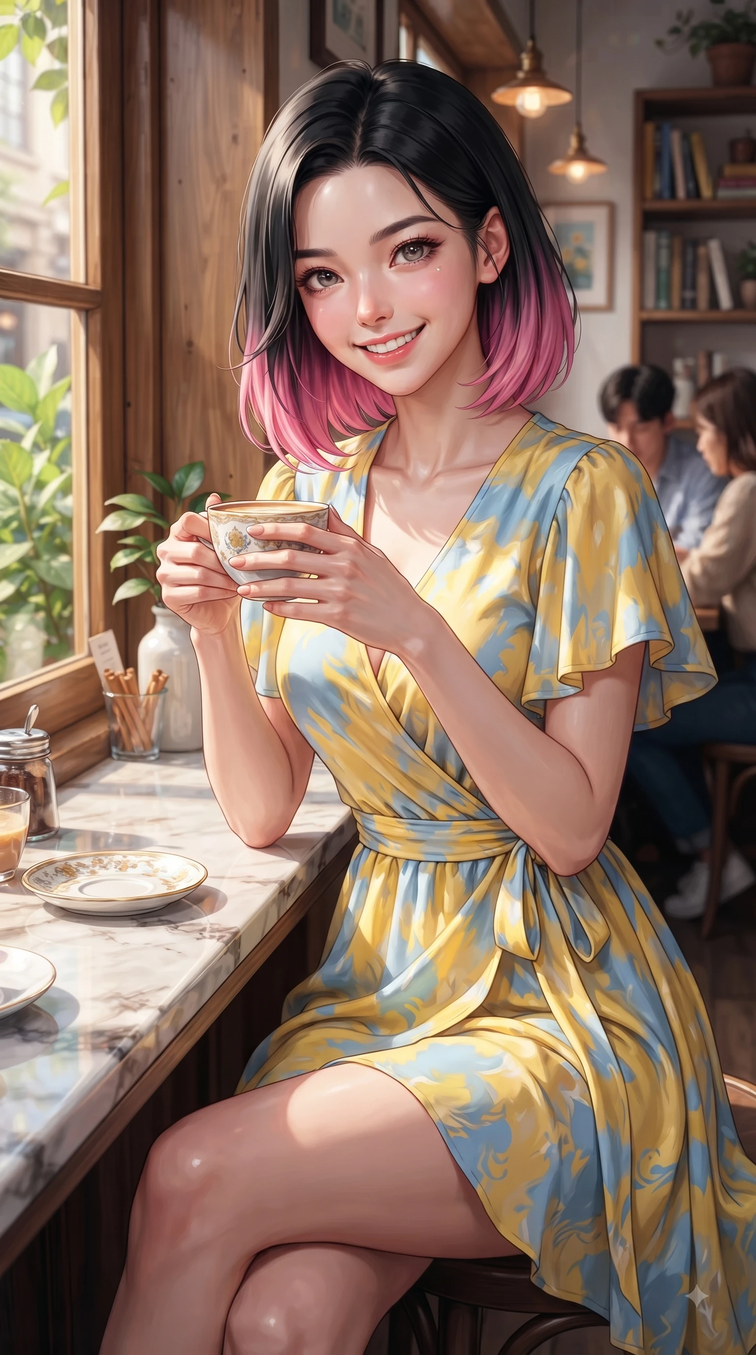 score_9, masterpiece, best quality, ultra-detailed, high-budget anime keyframe, editorial fashion photography, tasteful artistic composition, Korean woman. close-up cowboy shot from the waist and thighs up, the character dominates the composition, filling the frame with her large presence. Cheerful beaming smile with sparkling eyes and a fresh girlhood aura, leaning forward with playful grace while sitting by a sunlit wooden window inside a cozy cafe, holding a porcelain coffee cup. The surrounding environment is rendered in vivid detail and crisp panoramic clarity. intricate marble tabletop textures, green garden leaves, and cafe decor captured in deep focus. She has an exceptionally elegant, slender, and willowy female figure with an ultra-slim waist, a gracefully sculpted slender torso, and a refined silhouette. sharp v-shaped jawline, high-bridge nose, intricate jewel-like eyes with depth, thick eyelashes, glossy lips with a natural sheen, flawlessly proportioned anatomical accuracy, natural body alignment, perfectly sculpted elegant limbs, clean dynamic posture without body distortion. wearing an elegant V-neck silk wrap dress with fluttery short sleeves and a cinched waist in sunny canary yellow and clear sky blue, crafted from lightweight fluid chiffon, accented with a Tasteful chest slit framing her clavicle gracefully, the elegant draped fit framing her graceful clavicle and slender torso. surrounded by a cozy, intimate, and relaxing cafe atmosphere. ultra-reflective glossy finish, specular highlights, metallic sheen, high-contrast stereoscopic depth, volumetric dynamic lighting, 2k, ultra detail, master piece, 9:16 ratio