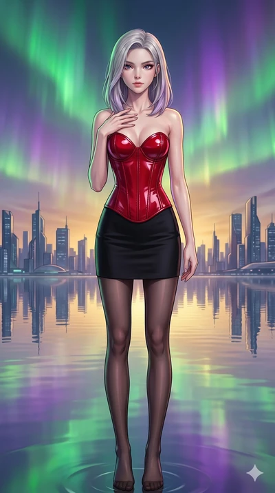 score_9, masterpiece, best quality, ultra-detailed, high-budget anime keyframe, editorial fashion photography, tasteful artistic composition, Caucasian woman, strictly human ears. cowboy shot from the thighs up, character and outfit filling the frame
