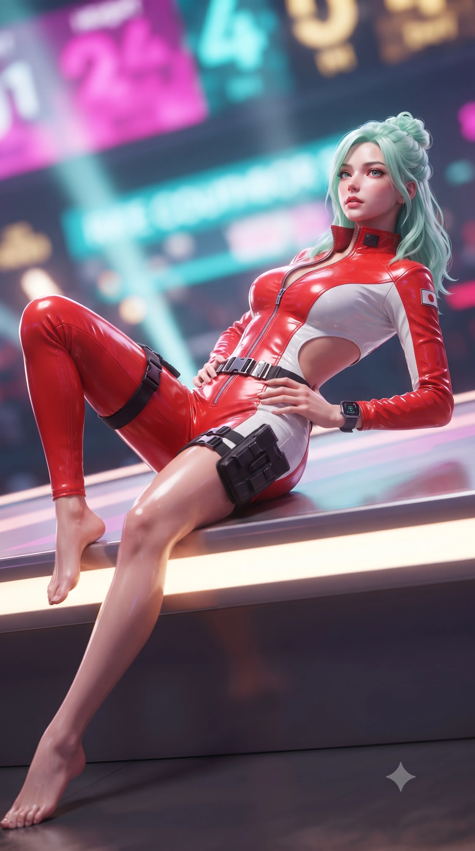 score_9, masterpiece, best quality, ultra-detailed, high-budget anime keyframe, editorial fashion photography, tasteful artistic composition, Japanese woman. low angle full-body shot from head to toe showing her feet, filling the entire 9:16 vertical frame with her statuesque presence, stretching her vertical silhouette. reclining back languidly with one knee bent and spine arched in a breathtaking dancer line, commanding the entire 9:16 vertical frame while twisting her athletic torso in an alluring S-curve while resting both hands on her hips, looking past the camera with fearless allure. The composition keeps background elements in soft focus with creamy bokeh. giant LED jumbotron race countdown graphics and sweeping searchlights blurred into electric magenta, turquoise, and gold bokeh. She has an absolutely perfect, statuesque 8.5-heads proportion, an exceptionally tall and slender model-like female figure with impossibly long slender legs, a toned flat midriff, and an ultra-slim waist. sharp v-shaped jawline, high-bridge nose, intricate jewel-like eyes with depth, thick eyelashes, glossy parted lips with a natural sheen, intensely captivating and seductive expression, flawlessly proportioned anatomical accuracy, strict slender model proportions, natural body alignment, perfectly sculpted long slender limbs, ultra-slim waistline, clean dynamic posture without body distortion. wearing a high-collar leather speedsuit featuring bold side-torso cutouts and quick-release titanium buckles in bright racing scarlet red and glossy white, made of durable ripstop technical nylon with metallic zipper teeth, equipped with a low-slung utility holster and racing telemetry smartwatch, the sleek tactical cut tightly hugging her graceful clavicle, narrow waist, and athletic curves with statuesque precision. bathed in dynamic color-shifting LED race lights and sweeping white spotlight fill. ultra-reflective glossy finish, specular highlights, rich textural contrasts, high-contrast stereoscopic depth, volumetric dynamic lighting, 2k, ultra detail, master piece, 9:16 ratio