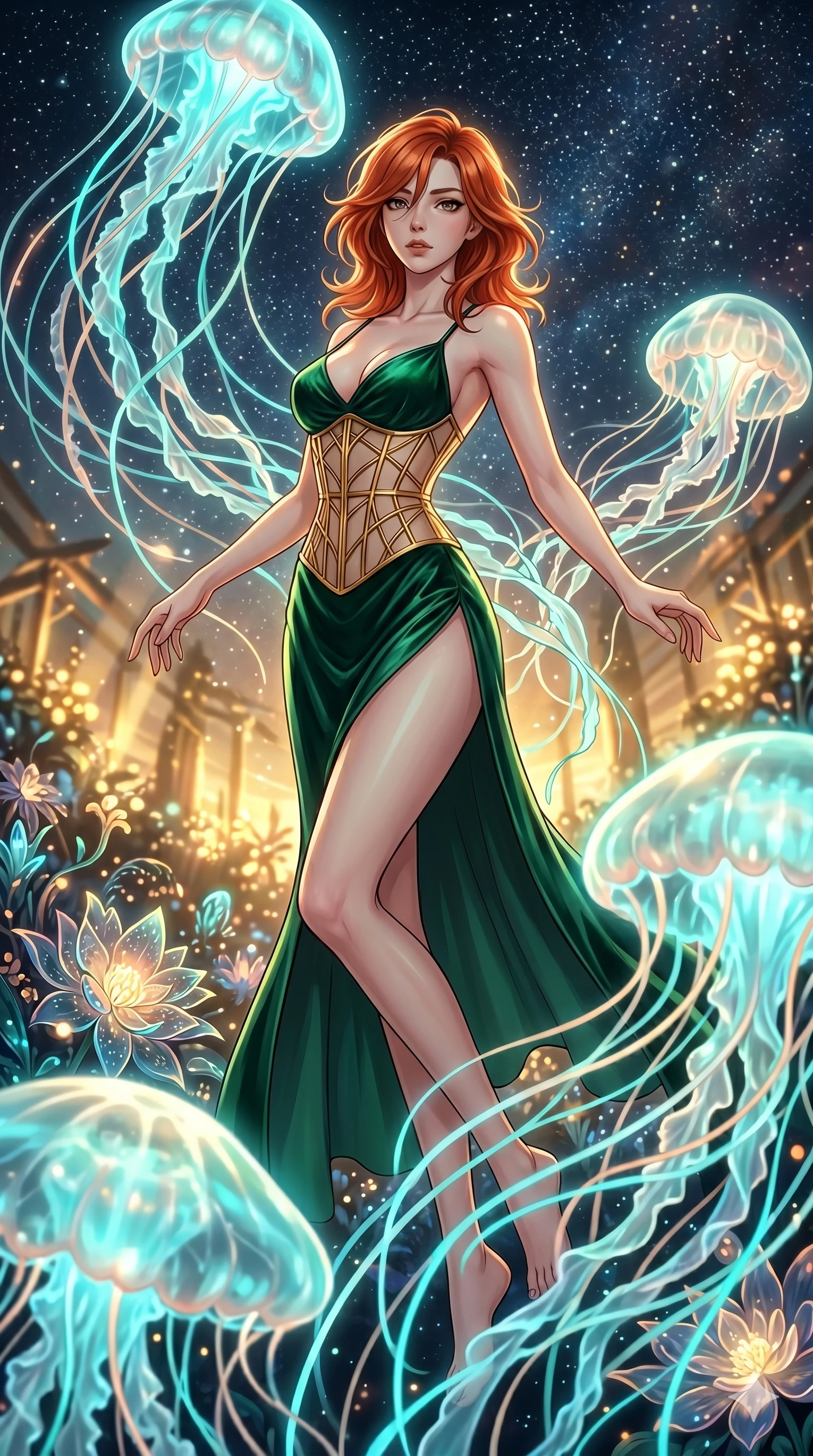 score_9, masterpiece, best quality, ultra-detailed, high-budget anime keyframe, Japanese woman. low angle full-body shot filling the entire 9:16 frame with her statuesque presence, stretching the vertical silhouette. swirling gracefully among the glowing ribbon-like tentacles of giant bioluminescent jellyfish floating in a starry sky garden. She has an absolutely perfect 8-heads proportion, an exceptionally tall and slender female figure with impossibly long slender legs and an ultra-slim waist. V-shaped jawline, high-bridge nose, intricate jewel-like eyes with depth, thick eyelashes, glossy lips with a natural sheen.. wearing a mathematical gold wire cage corset and an emerald green silk velvet slip dress with a thigh-high side slit. showcasing a beautiful play of light and shadow, with warm golden rays clashing against cool cyan highlights. 2k, ultra detail, master piece, 9:16 ratio