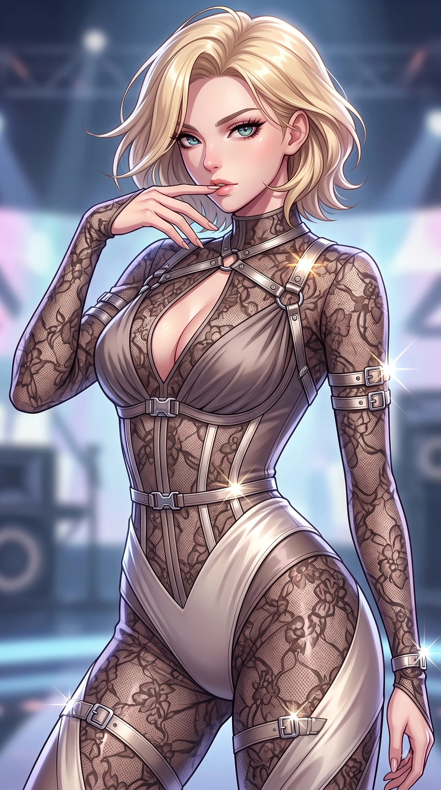 score_9, masterpiece, best quality, ultra-detailed, high-budget anime keyframe, editorial fashion photography, tasteful artistic composition, Caucasian woman. close-up cowboy shot from the waist and thighs up, the character dominates the composition, filling the frame with her large presence, background elements kept in soft focus. Resting two fingers near her glossy lips, casting a sharp mysterious side-gaze during her dynamic motion while pivoting dynamically in a dancer stance with a magnetic, composed gaze directed at the camera, metallic harness accents and chrome buckles catching sharp specular sunbursts. She has an exceptionally elegant, slender, and willowy female figure with an ultra-slim waist, a gracefully sculpted slender torso, and a refined silhouette. sharp v-shaped jawline, high-bridge nose, intricate jewel-like eyes with depth, thick eyelashes, glossy lips with a natural sheen, flawlessly proportioned anatomical accuracy, natural body alignment, perfectly sculpted elegant limbs, clean dynamic posture without body distortion. wearing a sheer dark lace pattern bodysuit with structured corsetry boning in muted taupe and soft ivory, crafted from lustrous satin jersey with fluid draping, accented with a Tasteful chest slit framing her clavicle gracefully, the form-contouring material highlighting her ultra-slim waist and long lines. surrounded by an electric, high-energy performer aura with sharp shadows. highly saturated vibrant anime colors, detailed shading with soft gradients, rich glossy textures, high-contrast stereoscopic depth, volumetric dynamic lighting, master piece, 9:16 ratio
