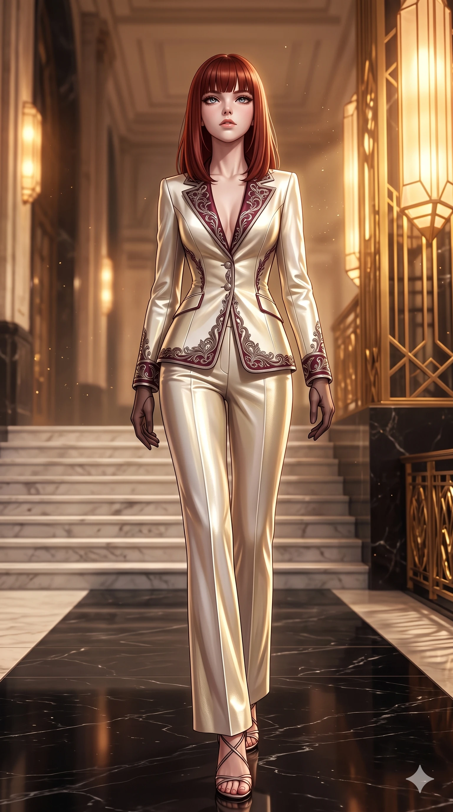 score_9, masterpiece, best quality, ultra-detailed, high-budget anime keyframe, semi-realistic 3D game render, editorial fashion photography, tasteful artistic composition, Caucasian woman. low angle full-body shot from head to toe showing her feet, filling the entire 9:16 vertical frame with her statuesque presence, stretching her vertical silhouette. sitting poised on the Carrara marble steps with one knee bent, arching her spine with supermodel elegance as she glances upward through thick eyelashes while walking slowly down the polished black marble ballroom aisle with hypnotic grace, hips swaying in an alluring sensual rhythm that accentuates her curvy hourglass silhouette. The background shows a soft-focus grand ballroom champagne haze softened in historic Bund loggia shallow focus. She has an exceptionally tall and slender model-like 8.5-heads proportion, an ultra-slim waist, a flat toned midriff, narrow delicate ribcage, and beautifully sculpted feminine hips creating a graceful, slim hourglass silhouette without any bulky heaviness, with impossibly long slender legs. sharp v-shaped jawline, high-bridge nose, intricate jewel-like sparkling eyes with depth, thick eyelashes, glossy parted lips with a natural sheen, intensely captivating and seductive bedroom-eyes expression, exuding both youthful cute charm and sovereign luxury allure, flawlessly proportioned anatomical accuracy, strict slender model proportions, natural body alignment, perfectly sculpted long slender limbs, ultra-slim waistline, clean dynamic posture without body distortion. wearing a bespoke Venetian tailored pantsuit in liquid ivory silk with golden filigree embroidery tracing the lapels in deep wine burgundy and brushed dark platinum, crafted from luxurious metallic lamé that shifts radiance with every step, complemented by sheer opera-length evening gloves tracing her slender arms, the bespoke structured tailoring following the natural line of her 8.5-heads silhouette with refined elegance. bathed in the majestic, warm 2600K amber glow of geometric Lalique glass fixtures filtering through brass lattices. highly saturated vibrant anime colors, detailed shading with soft gradients, rich glossy textures, high-contrast stereoscopic depth, volumetric dynamic lighting, master piece, 9:16 ratio