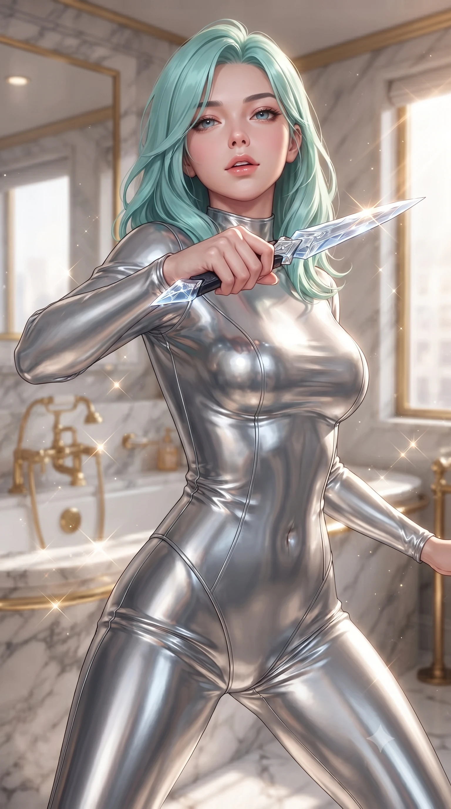 score_9, masterpiece, best quality, ultra-detailed, high-budget anime keyframe, editorial fashion photography, tasteful artistic composition, Japanese woman. close-up cowboy shot from the waist and thighs up, the character dominates the composition, filling the frame with her large presence, background elements kept in soft focus. pointing a crystal-edged laser dagger forward in a defensive stance, tilting her chin up slightly with lips parted in a composed pose, the background shows a soft-focus a train suite bedroom with marble bath vanity and gold plumbing fixtures. She has an exceptionally elegant, slender, and willowy female figure with an ultra-slim waist, a gracefully sculpted slender torso, and a refined silhouette. sharp v-shaped jawline, high-bridge nose, intricate jewel-like eyes with depth, thick eyelashes, glossy lips with a natural sheen. wearing a slim-fit form-contouring liquid silver space flight under-suit, contouring her athletic, slender build. bright morning sun rays creating sparkling glints on the marble and gold. ultra-reflective glossy finish, specular highlights, metallic sheen, high-contrast stereoscopic depth, volumetric dynamic lighting, 2k, ultra detail, master piece, 9:16 ratio