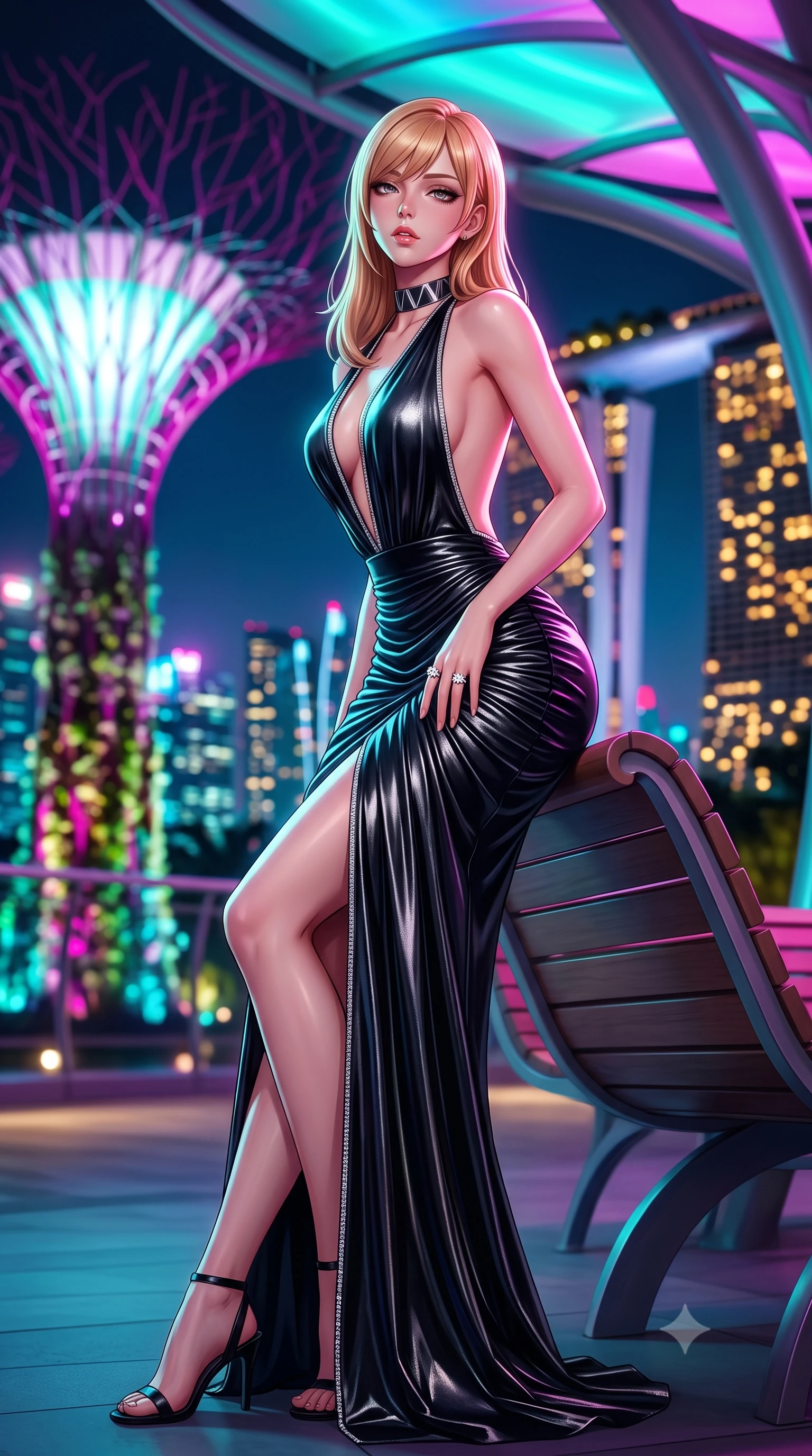 score_9, masterpiece, best quality, ultra-detailed, high-budget anime keyframe, semi-realistic 3D game render, editorial fashion photography, tasteful artistic composition, Caucasian woman. low angle full-body shot from head to toe showing her feet, filling the entire 9:16 vertical frame with her statuesque presence, stretching her vertical silhouette. leaning deep against the structural architecture with hips cocked in an unapologetically bold, seductive high-fashion stance while perching on the curved architectural skyway bench, long slender legs crossed and torso angled back to display her flat midriff and slender hourglass curves. The composition keeps background elements in soft focus with creamy bokeh. giant illuminated supertree bio-domes and Marina Bay Sands towers blurred into electric magenta, turquoise, and gold bokeh. She has an exceptionally tall and slender model-like 8.5-heads proportion, an ultra-slim waist, a flat toned midriff, narrow delicate ribcage, and beautifully sculpted feminine hips creating a graceful, slim hourglass silhouette without any bulky heaviness, with impossibly long slender legs. sharp v-shaped jawline, high-bridge nose, intricate jewel-like eyes with depth, thick eyelashes, glossy parted lips with a natural sheen, intensely captivating and seductive bedroom-eyes expression, flawlessly proportioned anatomical accuracy, strict slender model proportions, natural body alignment, perfectly sculpted long slender limbs, ultra-slim waistline, clean dynamic posture without body distortion. wearing a plunging halter-neck metallic lamé column dress with a dramatic bare spine and hip-defining ruching in pitch-black velvet with diamond crystal trim, made of fluid silk crepe with delicate inner corsetry boning, complemented by a bold geometric choker and sparkling cocktail ring, the dramatically scooped open back descending to the base of her spine, accentuating her razor-sharp statuesque lines and slim hourglass silhouette. bathed in dynamic color-shifting LED canopy lights from above and ambient city skyline uplights. highly saturated vibrant anime colors, detailed shading with soft gradients, rich glossy textures, high-contrast stereoscopic depth, volumetric dynamic lighting, master piece, 9:16 ratio