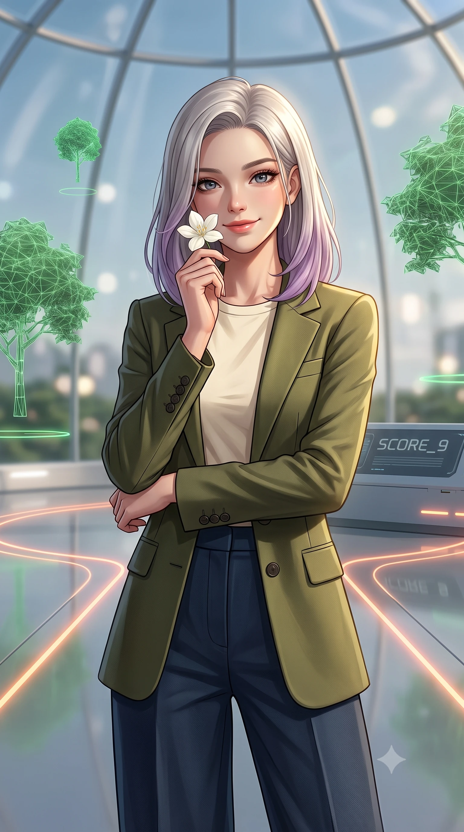 score_9, masterpiece, best quality, ultra-detailed, high-budget anime keyframe, editorial fashion photography, tasteful artistic composition, Caucasian woman, strictly human ears. close-up cowboy shot from the waist and thighs up, the character dominates the composition, filling the frame with her large presence, background elements kept in soft focus. Holding a delicate flower near her cheek, smiling with dreamy happiness. set against a soft-focus background of inside a minimalist glass dome with floating green wireframe trees and glowing neon orange status lines tracing the ground. She has an exceptionally elegant, slender, and willowy female figure with a highly-defined ultra-slim waist, a gracefully sculpted slender torso, and a refined slim-fit silhouette that contours her form. sharp v-shaped jawline, high-bridge nose, intricate jewel-like eyes with depth, thick eyelashes, glossy lips with a natural sheen. wearing a sleek tailored olive green blazer over a cream cotton tee and dark blue wide-leg trousers. dramatic chiaroscuro with a single golden key light sculpting her silhouette. 2k, ultra detail, master piece, 9:16 ratio